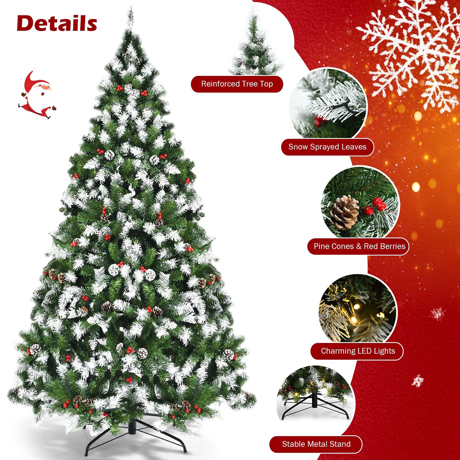 Goplus 6ft Pre-lit Artificial Christmas Tree, Hinged Snow Flocked Xmas Tree w/Pine Cones, Red Berries & 250 LED Lights, 8 Lighti