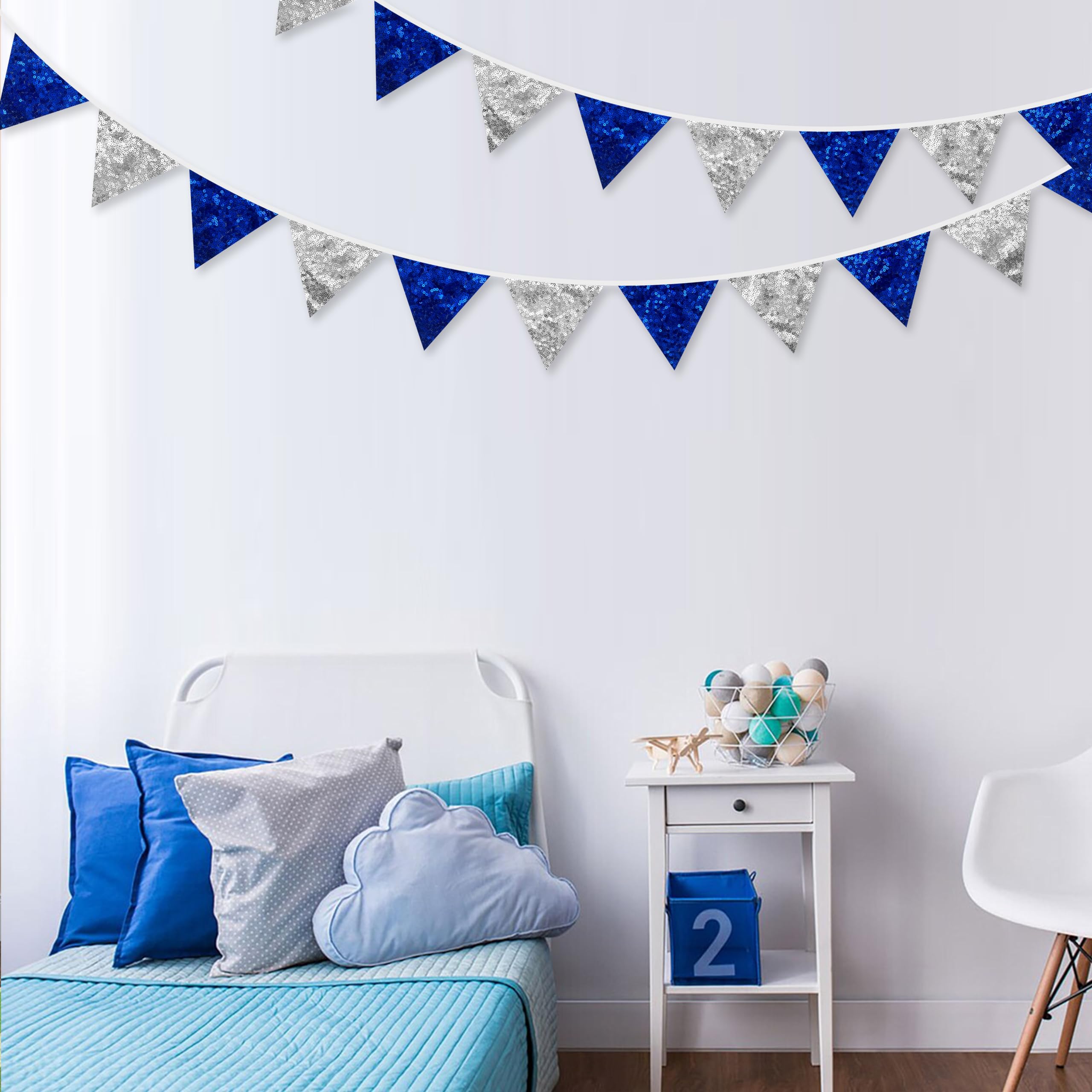 Pinkblume Silver Blue Decorations Double Sided Sequin Fabric Royal Blue Silver Triangle Pennant Banner Flag Bunting Garland For