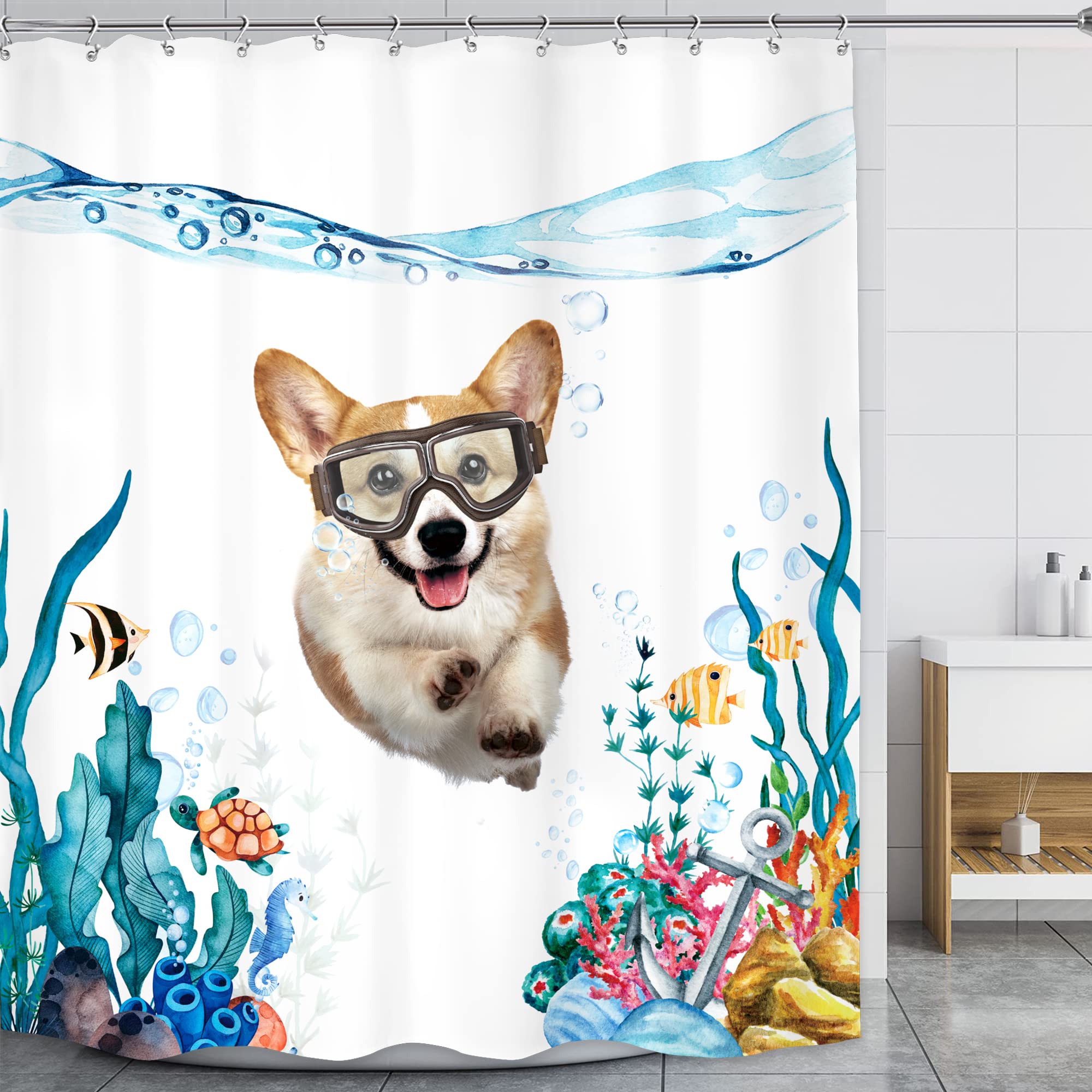 Lghtyro Funny Dog Shower Curtain Bathroom Set 60Wx71H Inches Hilarious Swimming Dog Blue Sea Ocean Bath Accessories Nautical Cut