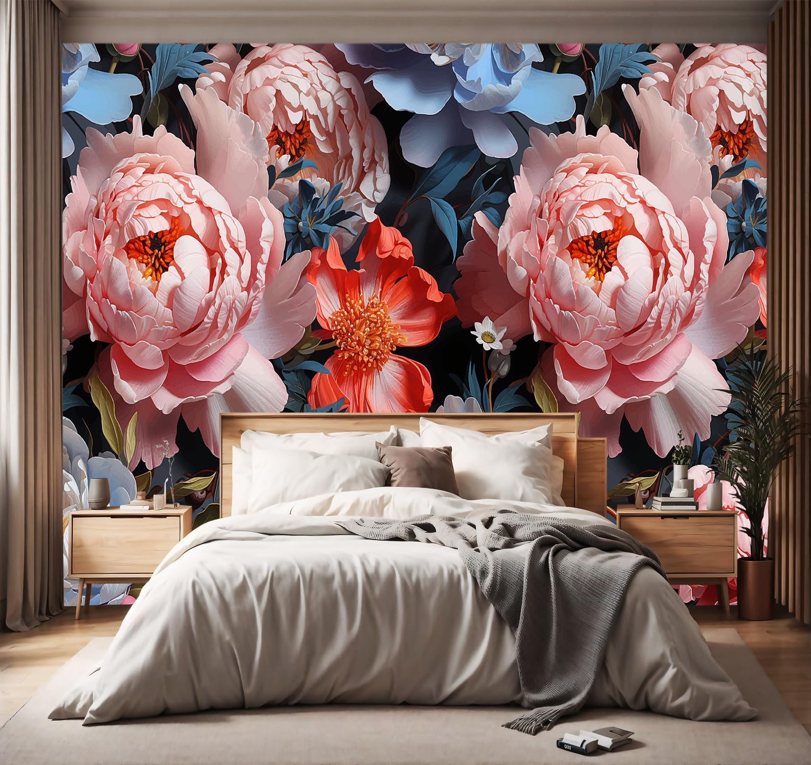 YIHWM -Peony Flowers Backdrop Large Fabric Wallpaper Living Room Bedroom Bathroom Wall Mural- 160x108( not Peel and Stick)