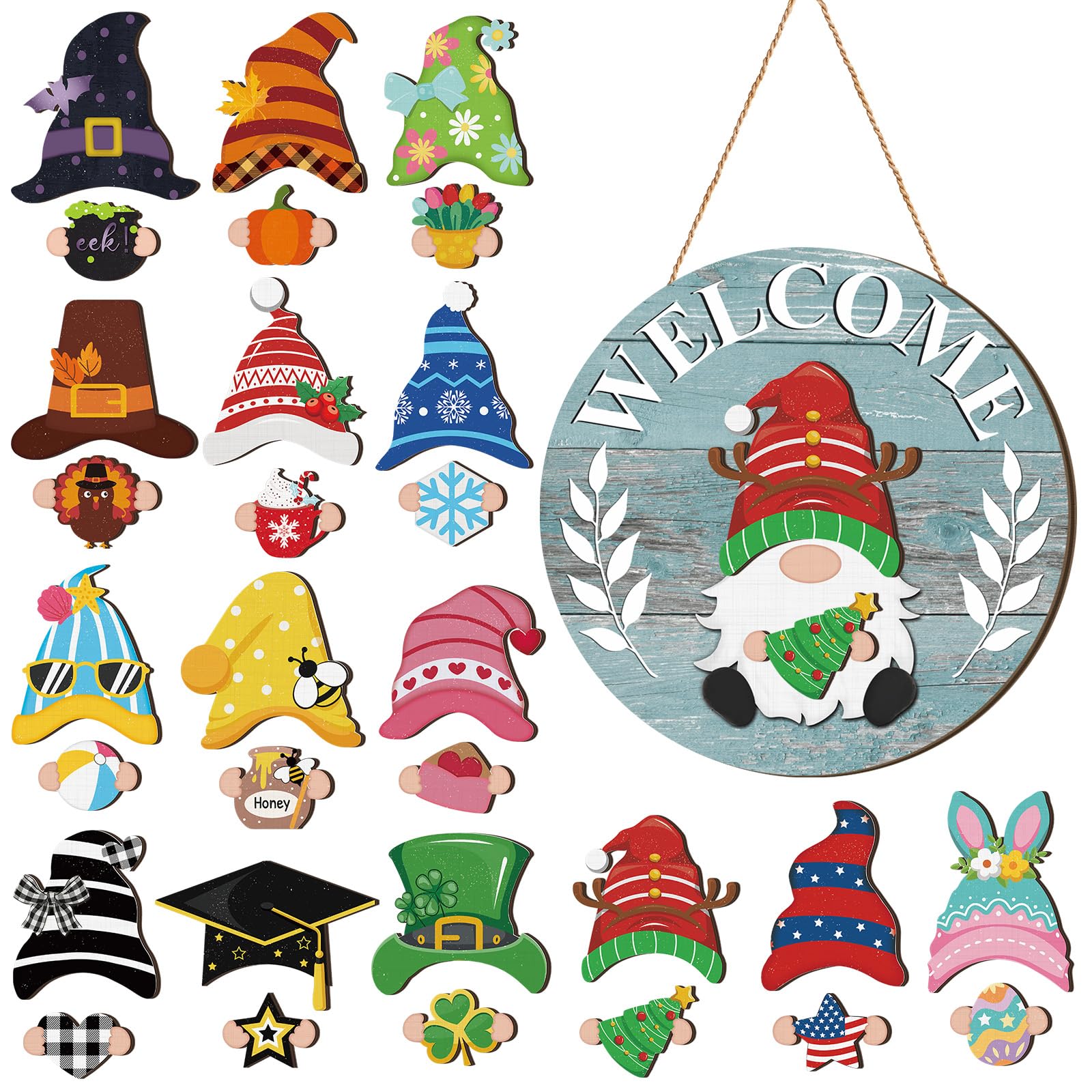 Qunclay Interchangeable Wooden Gnome Decor Holiday Seasonal Gnome Decorations with Magnet Pieces and Detachable Hats Changeable 
