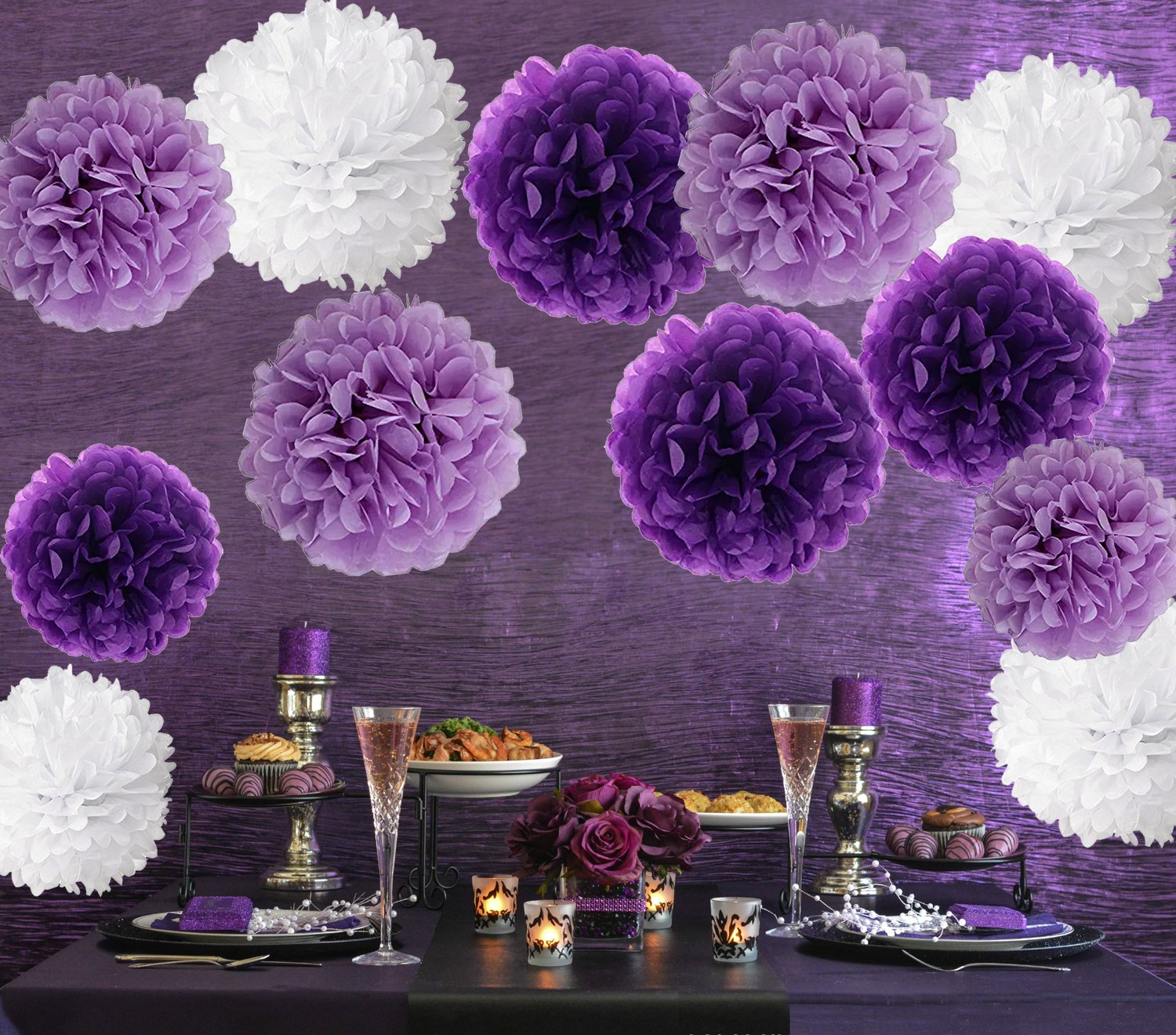 Wartoon Tissue Paper Pom Poms Flowers For Wedding Birthday Party Baby Shower Decoration, 12 Pieces ( Purple, Lavender And White
