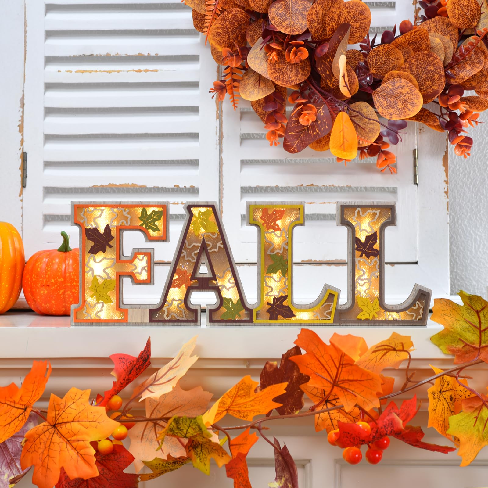 Lighted Fall Table Decoration, Rustic Wooden FALL Decor Sign with 3D LED Maple Leaves, Thanksgiving Table Centerpiece, Harvest A