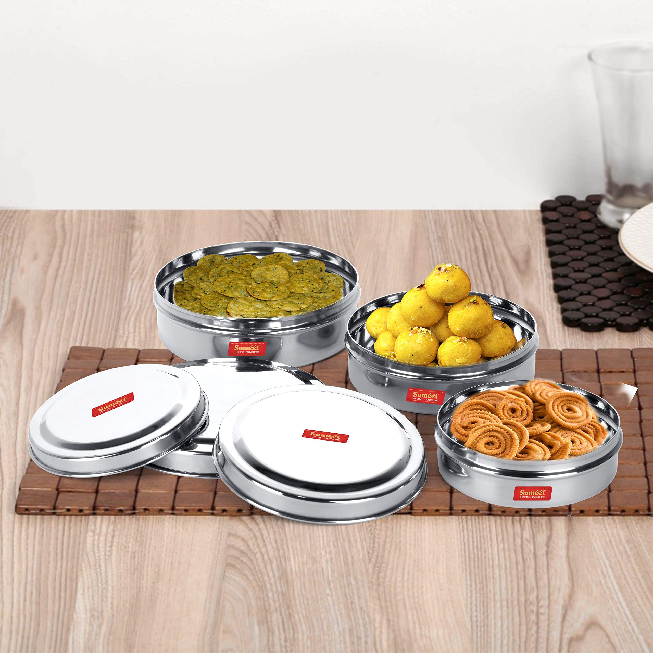 Sumeet Stainless Steel Chocolate Flat Slim N Sleek Canisters/Puri Dabba/Storage Containers Set Of 3Pcs Med. Set (No.7-300Ml, No.