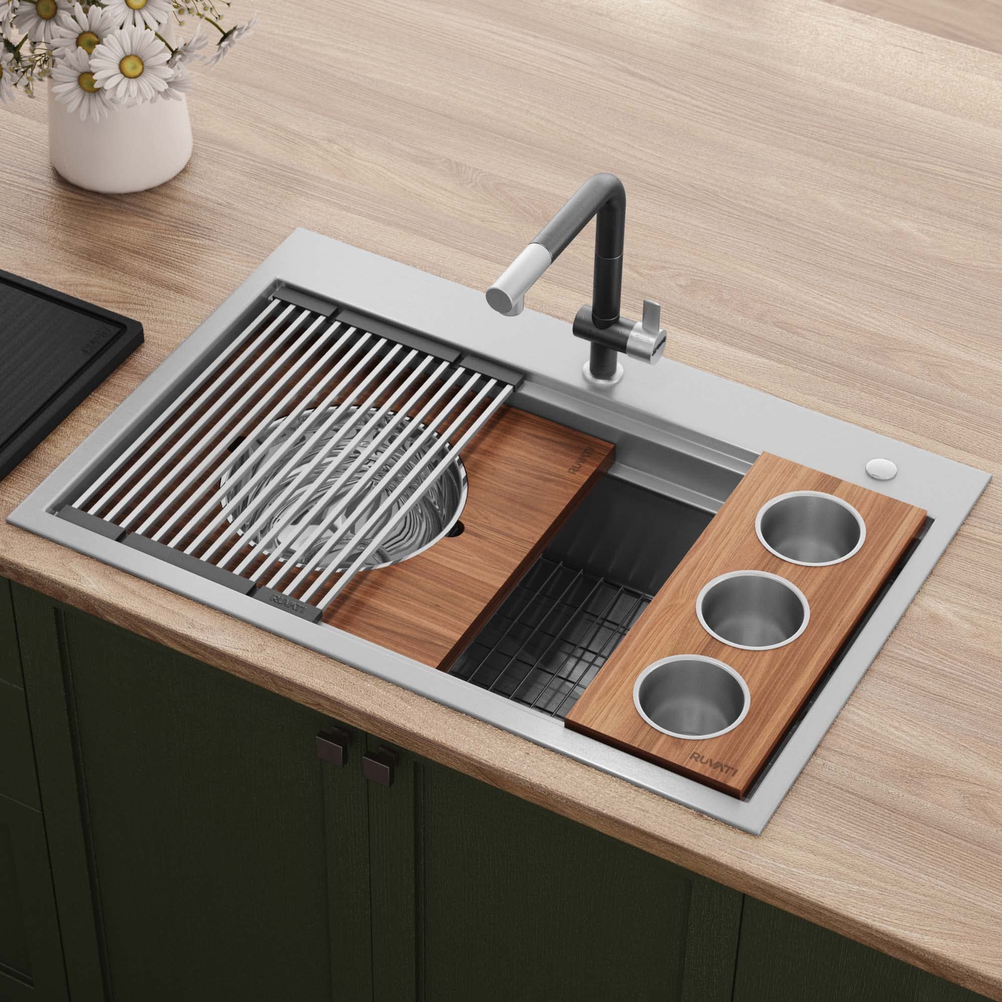 Ruvati 33-Inch Workstation Two-Tiered Ledge Kitchen Sink Drop-In Topmount 16 Gauge Stainless Steel - Rvh8424