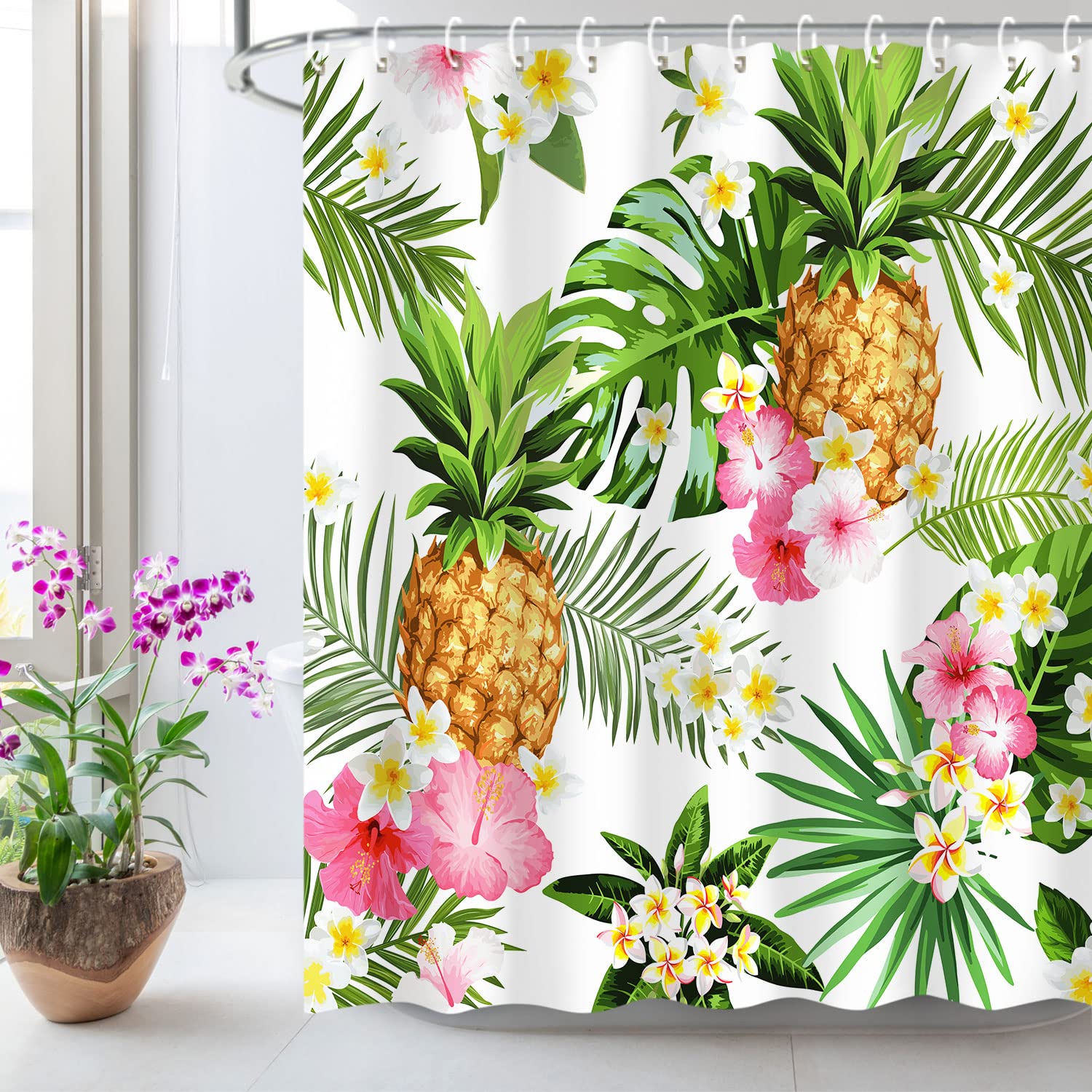 Livilan Tropical Shower Curtain, Summer Pineapple Fabric Bathroom Curtain Set With Hooks Decorative Green Leaves Pink Flowers 72