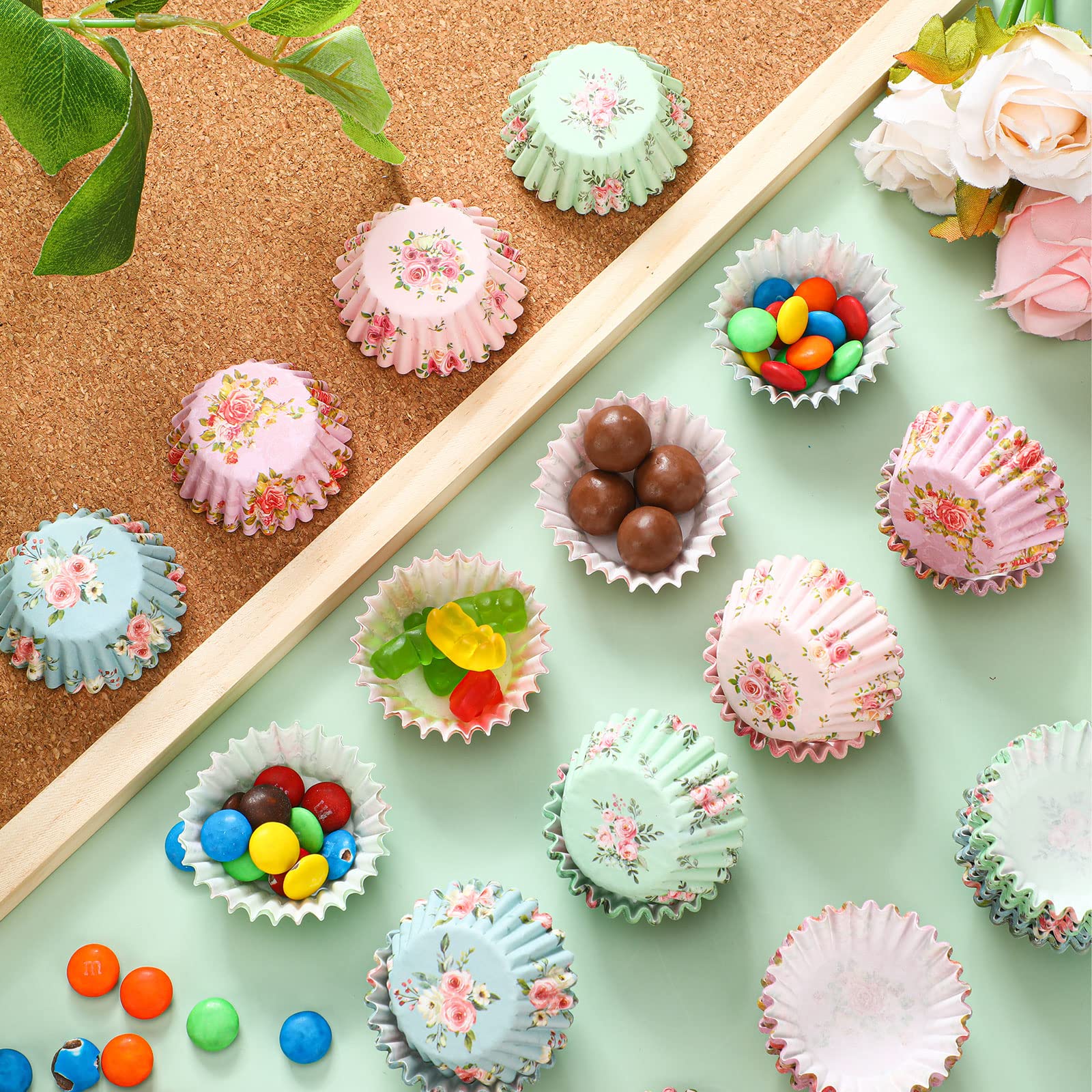 Sunnyray 600 Pcs Floral Mini Cupcake Liners For Baking Watercolor Flower Cupcake Wrappers Mini Tea Party Cupcake Baking For Show
