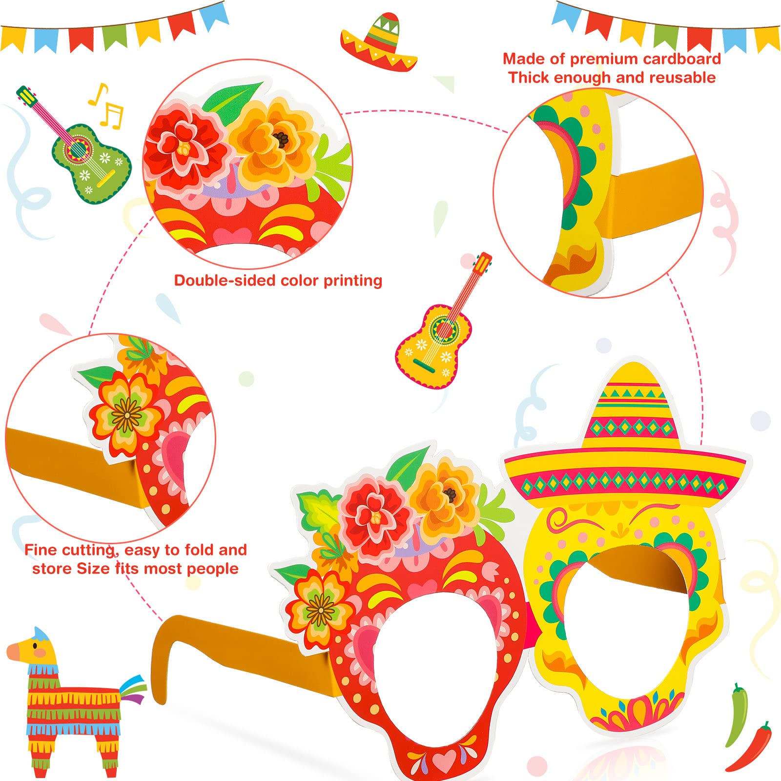 32 Pcs Mexican Fiesta Party Decorations Paper Eyeglasses Taco Party Cactus Pinata Cinco De Mayo Party Costume Photo Booth Props