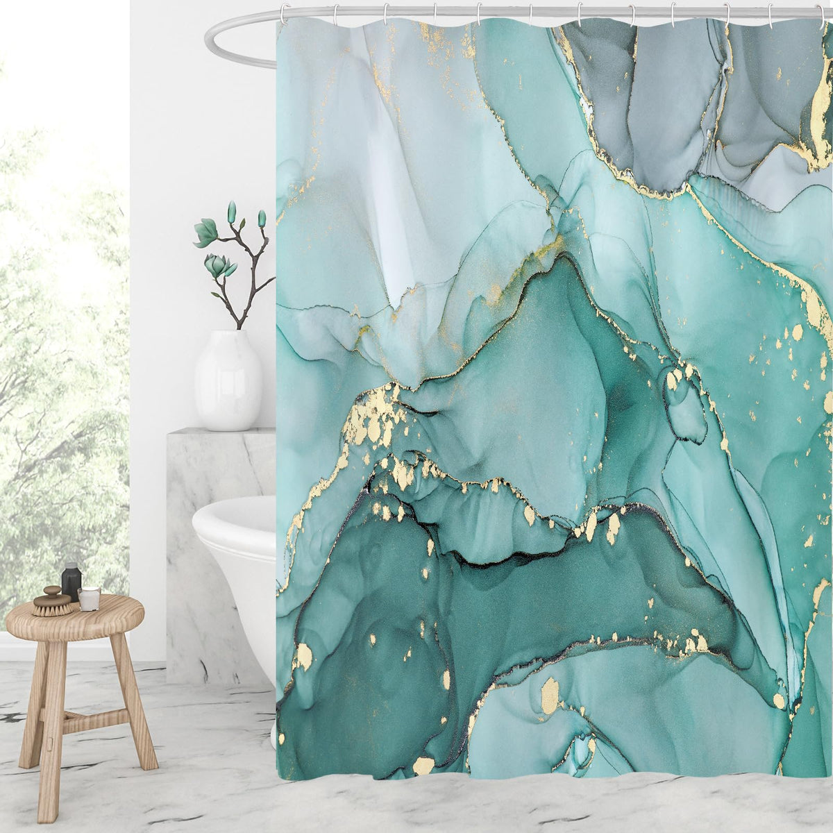 Gibelle Extra Long Shower Curtain 72 X 84, Tall Abstract Turquoise Marble Shower Curtain, Modern Ink Art Waterproof Fabric Showe