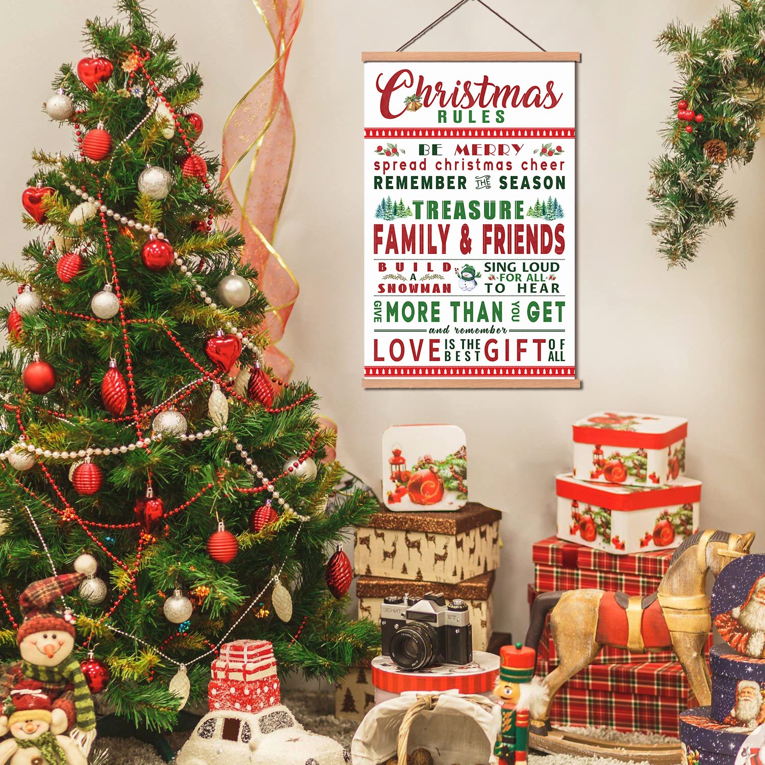 Kairne Merry Christmas Wall Art With Wood Magnetic Hanger Frame(35X56Cm),Colorful Christmas Signs Decor Festive Picture Hanging
