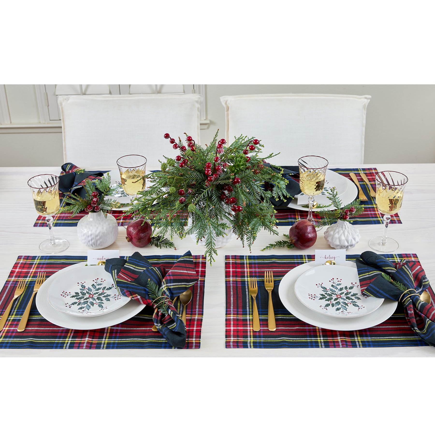 Solino Home Plaid Linen Placemats Set Of 4-100% Pure Linen Black Stewart Plaid Cloth Placemats 19'' L X 14'' W Inch - Handcrafte