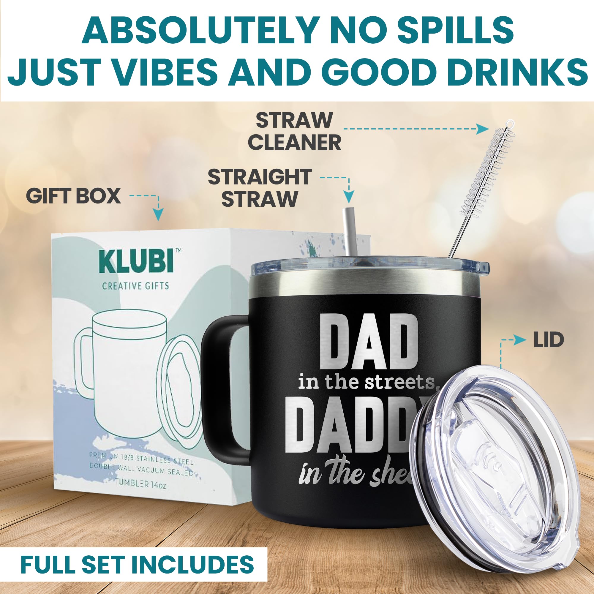 KLUBI Dad In The Streets Daddy In The Sheets Cup 14oz Birthday Gifts for Husband from Wife Dad Coffee Tumbler Daddy Gift Ideas D
