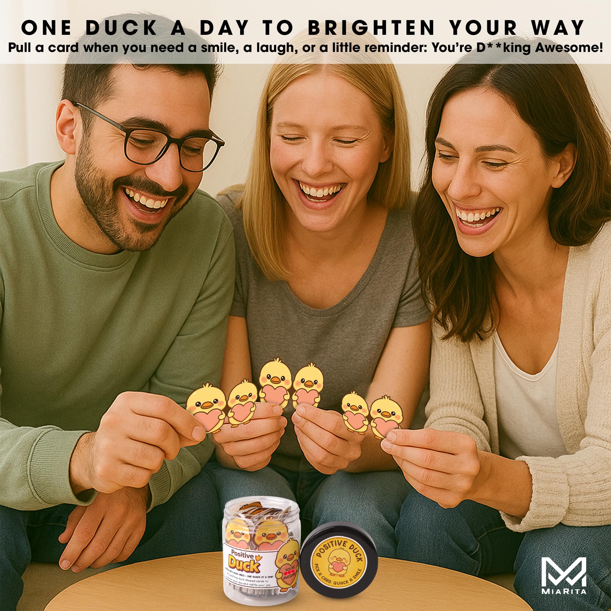 Miarita Positive Duck Jar - 60 Funny Emotional Uplifting Support Affirmation Cards, White Elephant Gift For Women Men, Stress Re