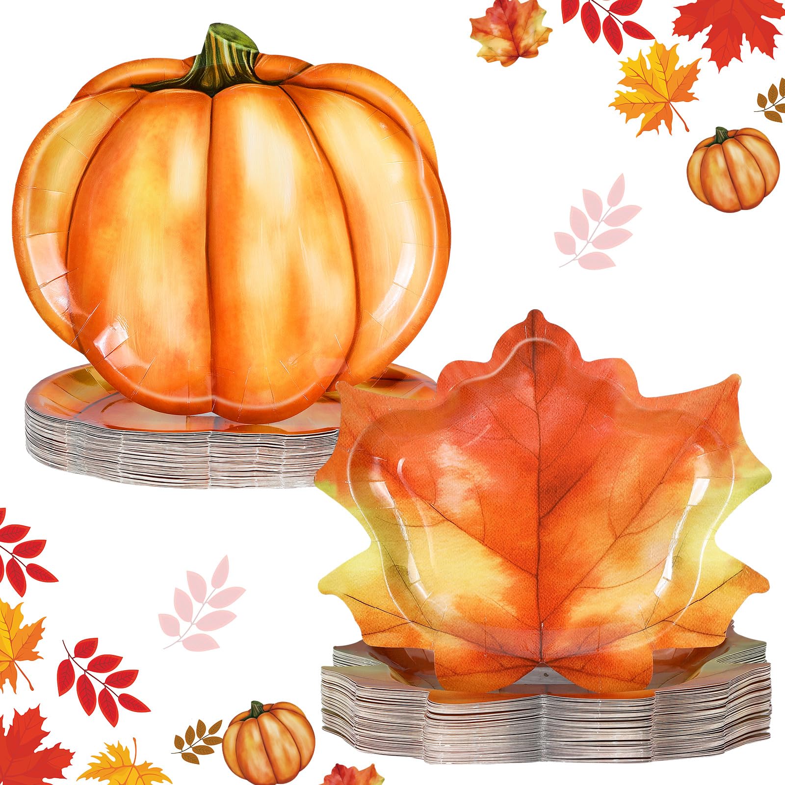 Fourluoo 96 Pcs Thanksgiving Paper Plates Disposable Fall Maple Leaf Pumpkin Shaped Plates Disposable Tableware for Autumn Harve