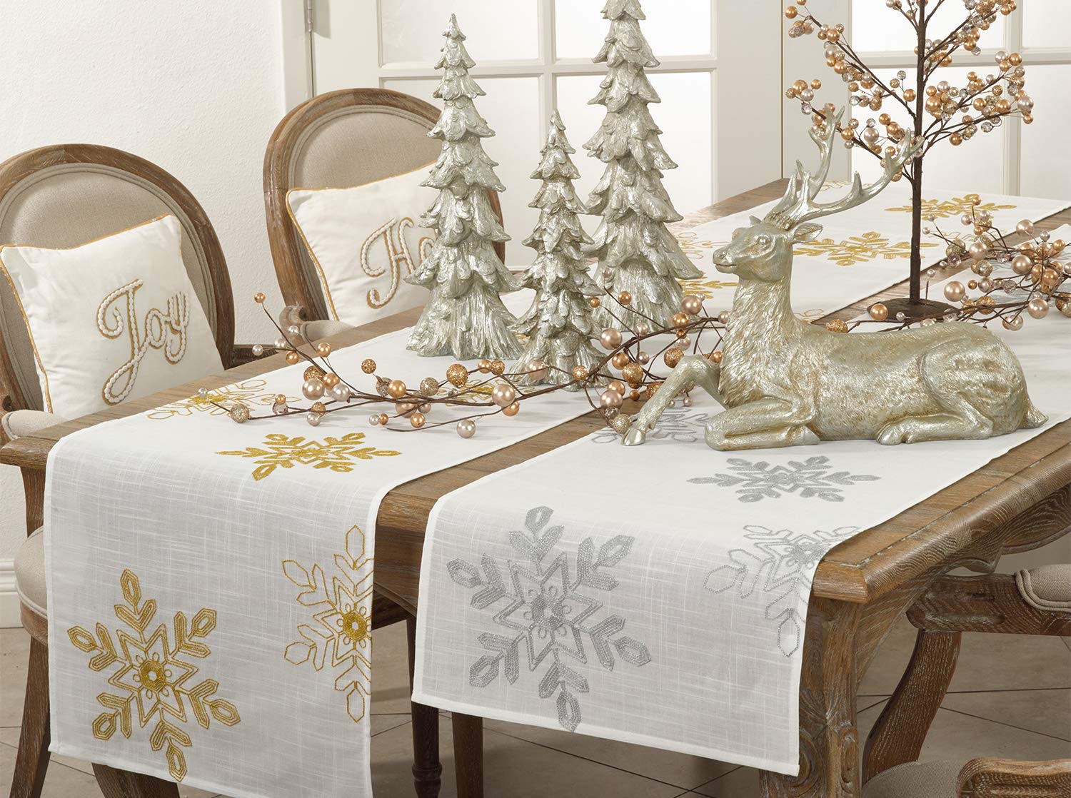 Fennco Styles Nivalis Collection Holiday Embroidered Snowflakes 16 X 108 Inch Table Runner - Silver Table Runner For Christmas D