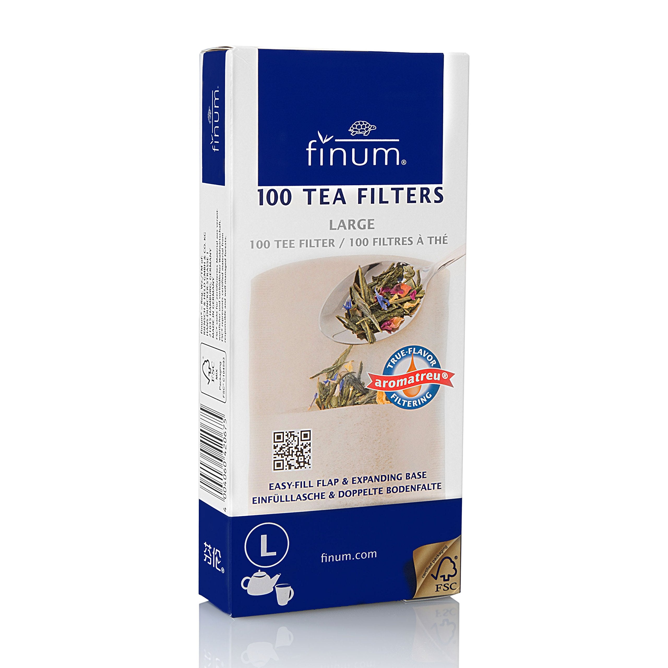 Finum Disposable Paper Tea Filter Bags For Loose Tea, Brown, Large, 100 Count