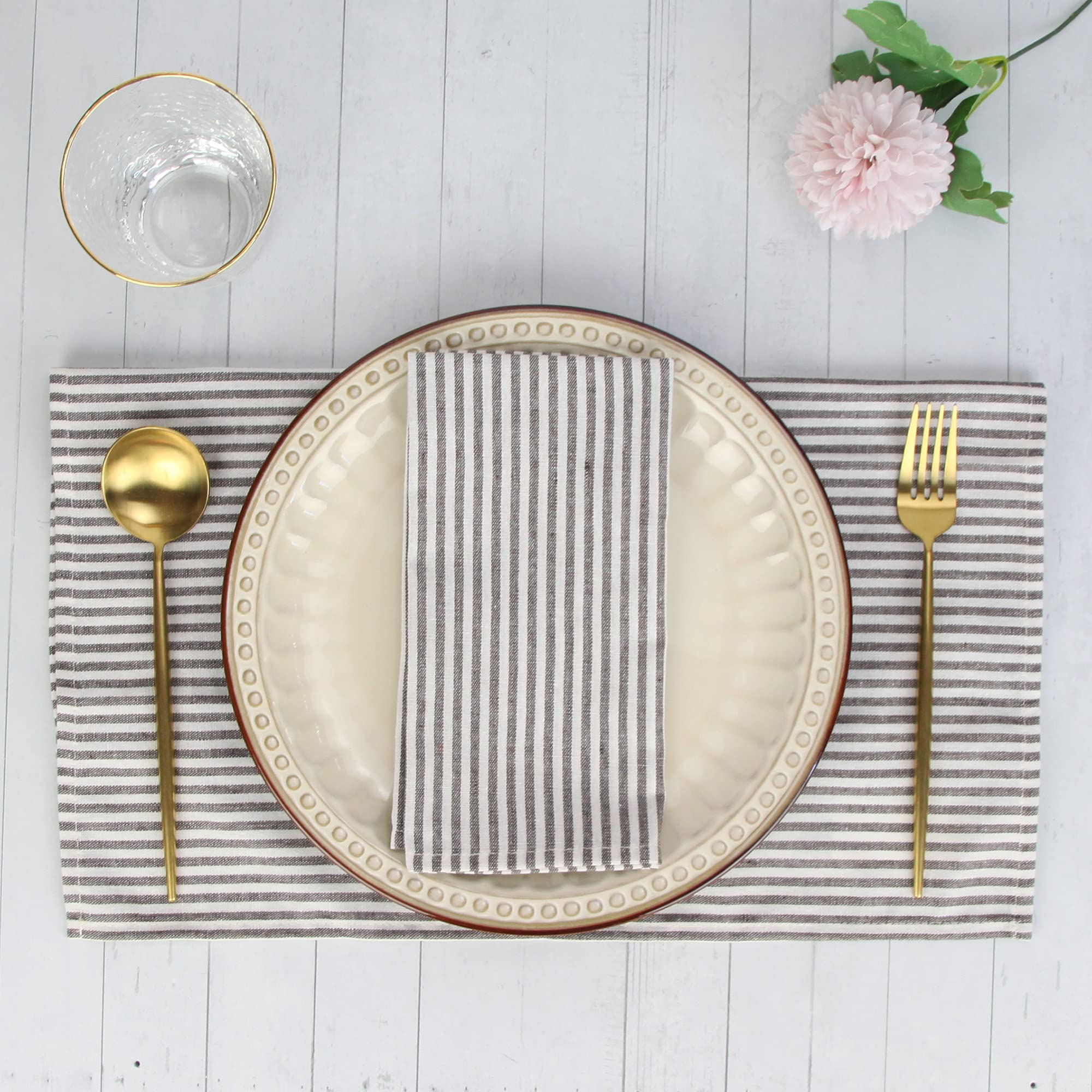 Infei Plain Striped Cotton Linen Blended Dinner Cloth Napkins - Set Of 12 (17 X 17 Inches) - For Events & Home Use (Brown)