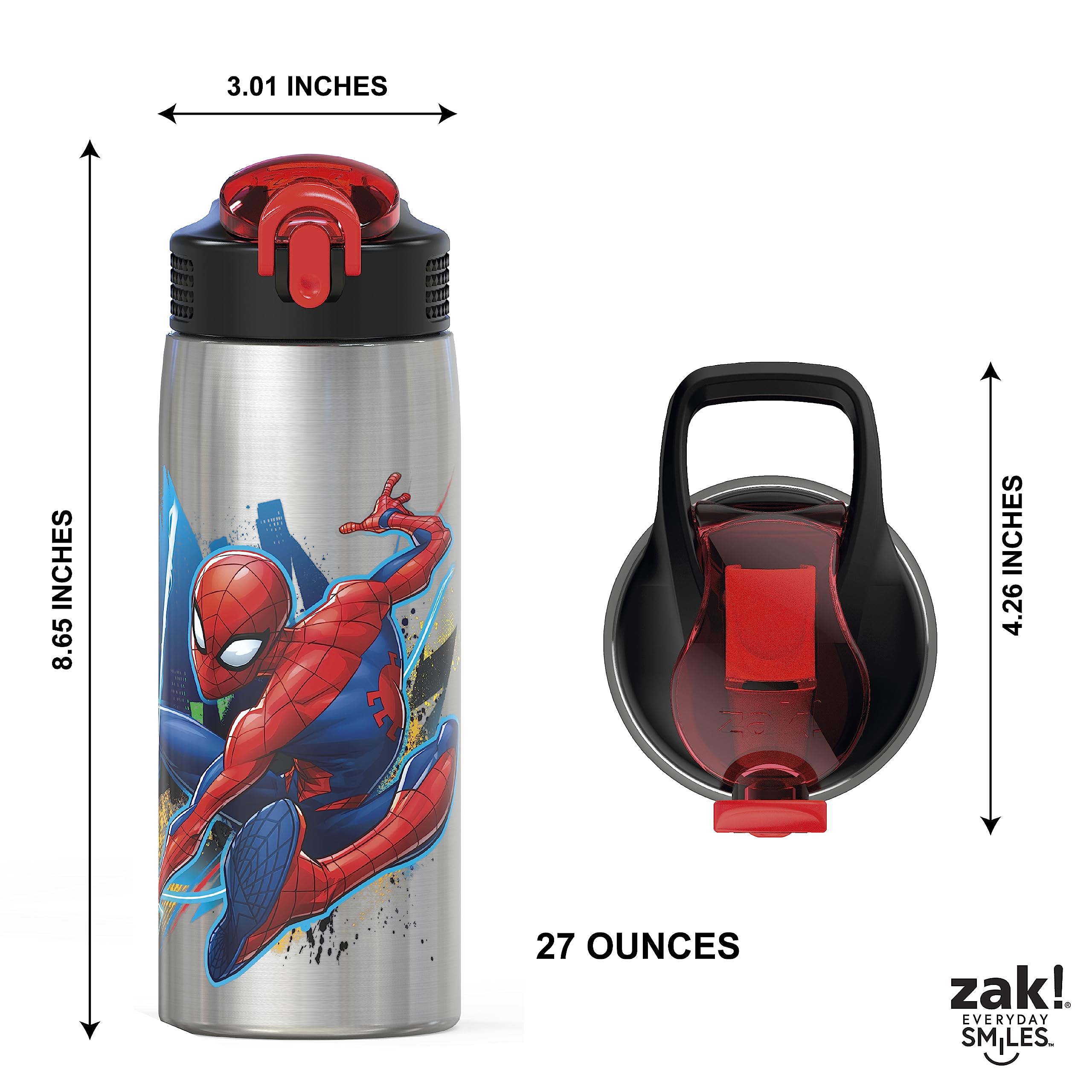 Zak Designs 27Oz Marvel 18/8 Single Wall Stainless Steel Water Bottle With Flip-Up Straw And Locking Spout Cover, Durable Cup Fo