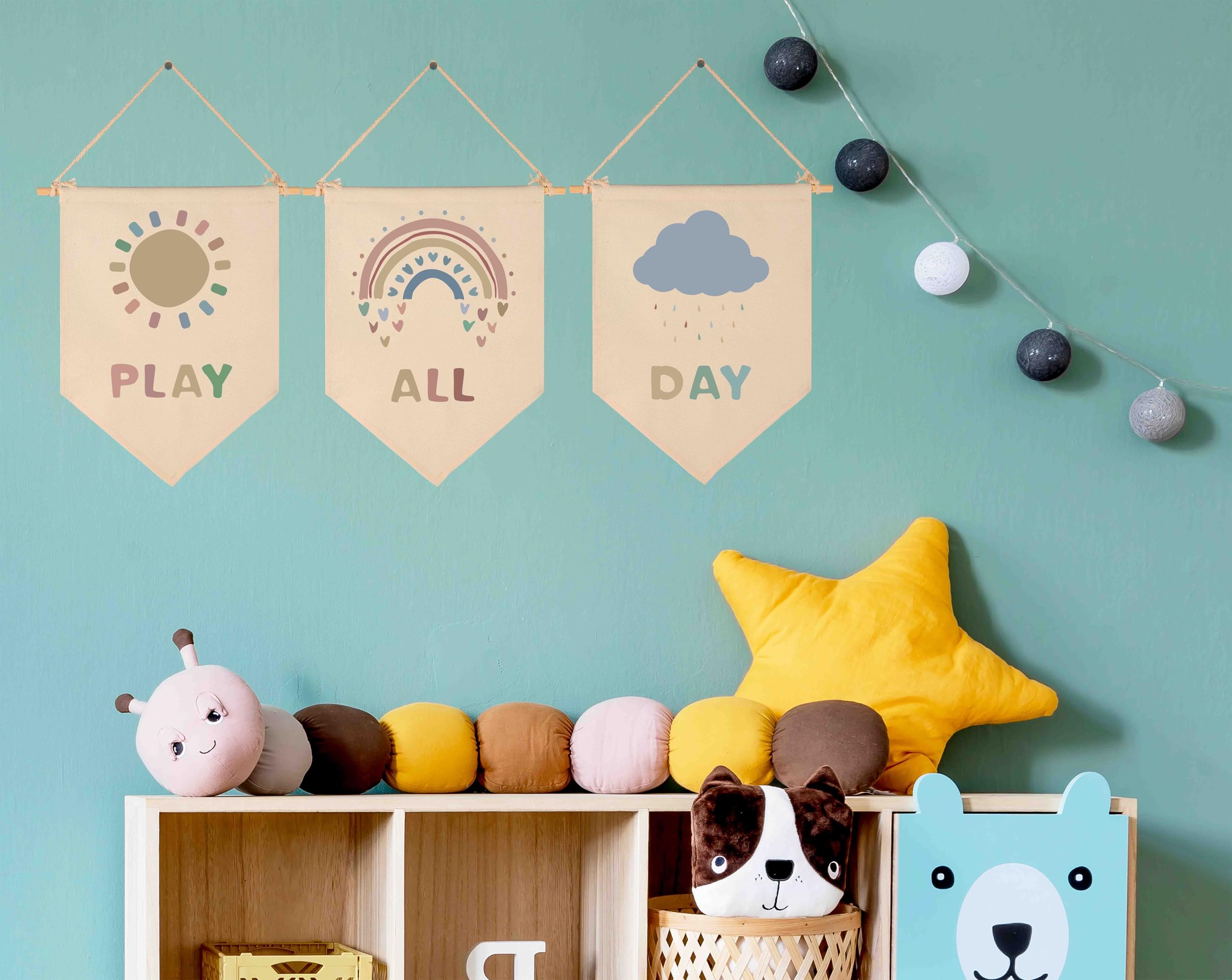 Play,All,Day,Sunshine,Rainbow,Cloud-Flag Decor Gifts for Baby Boys Girls Kids-Canvas Hanging Banner Wall Sign Decor Gifts for Nu
