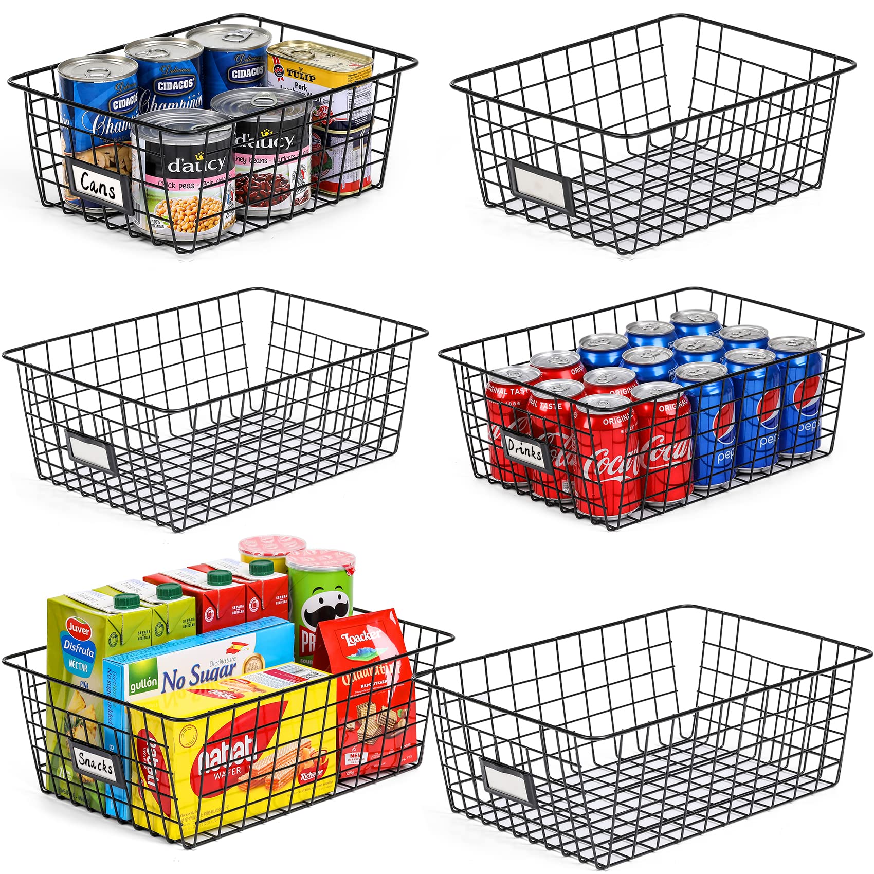 6 Pack [ Extra Large ] Wire Storage Baskets for Organizing with Lables  Pantry Organization Bins for Cabinets - Metal Basket for Kitchen  Laundry  Garage  Fridge  Bathroom Countertop Organizer  Black
