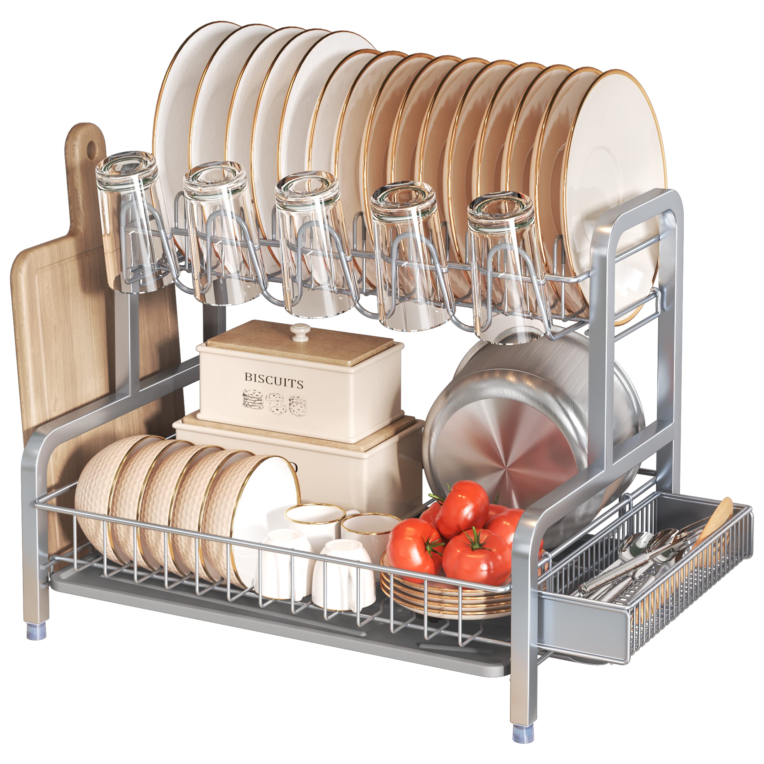 Boosiny 2 Tier Dish Drying Rack And Drainboard Set, Large Stainless Steel Dish Drainers For Kitchen Counter, Dish Strainer Shelf