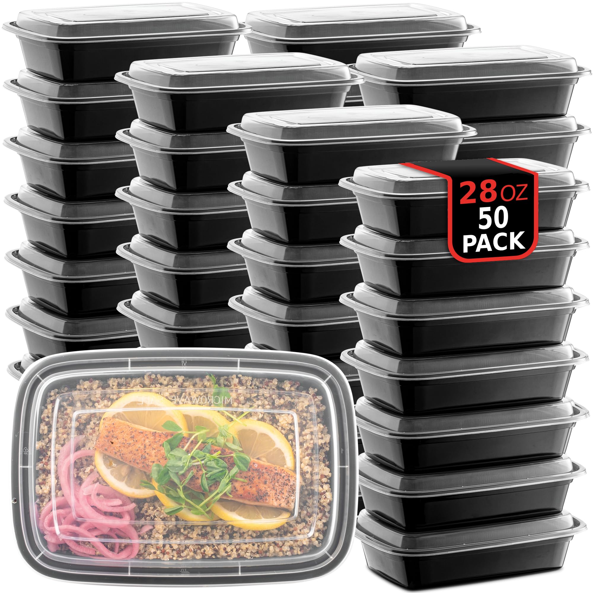 50-Pack Reusable Meal Prep Containers Microwave Safe Food Storage Containers With Lids, 28 Oz - 1 Compartment Take Out Disposabl
