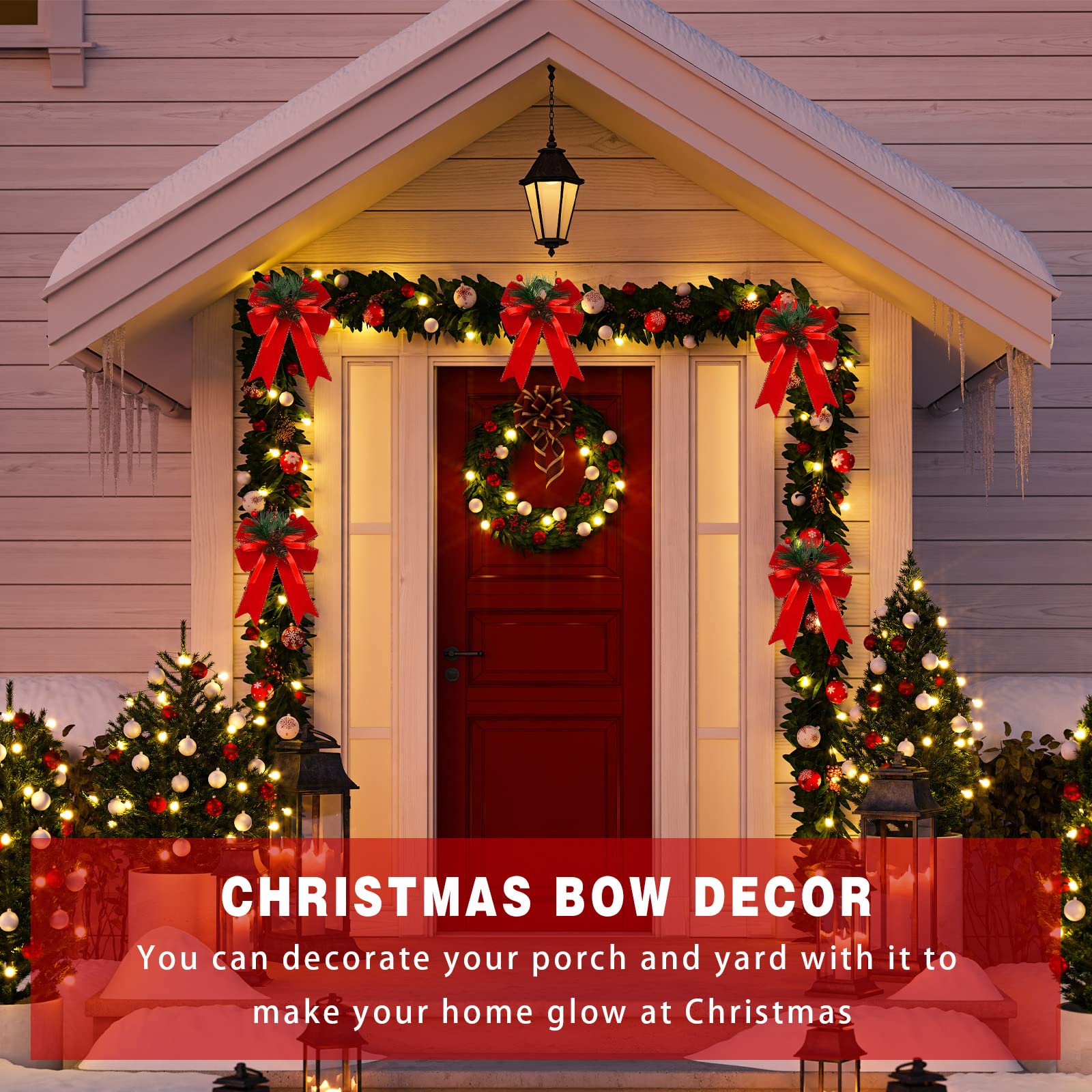 Syhood 6 Pcs Christmas Bows with Pine Cones Pine Needles Xmas Velvet Bows Red Ribbon Christmas Tree Wreath Decoration for Xmas P