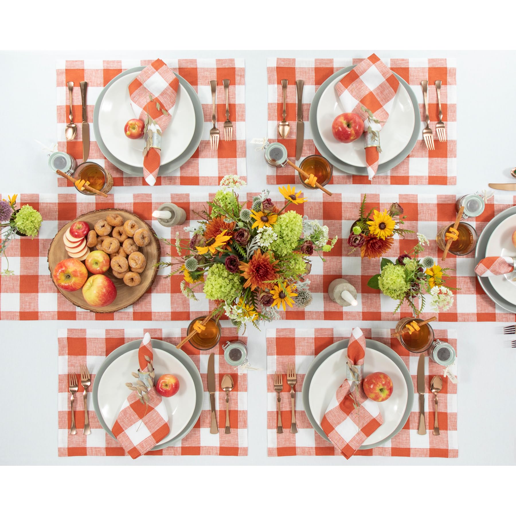 Solino Home Buffalo Check Linen Table Runner 120 Inches Long - 100% Pure Linen Cinnamon And White Plaid Table Runner 14 X 120 In