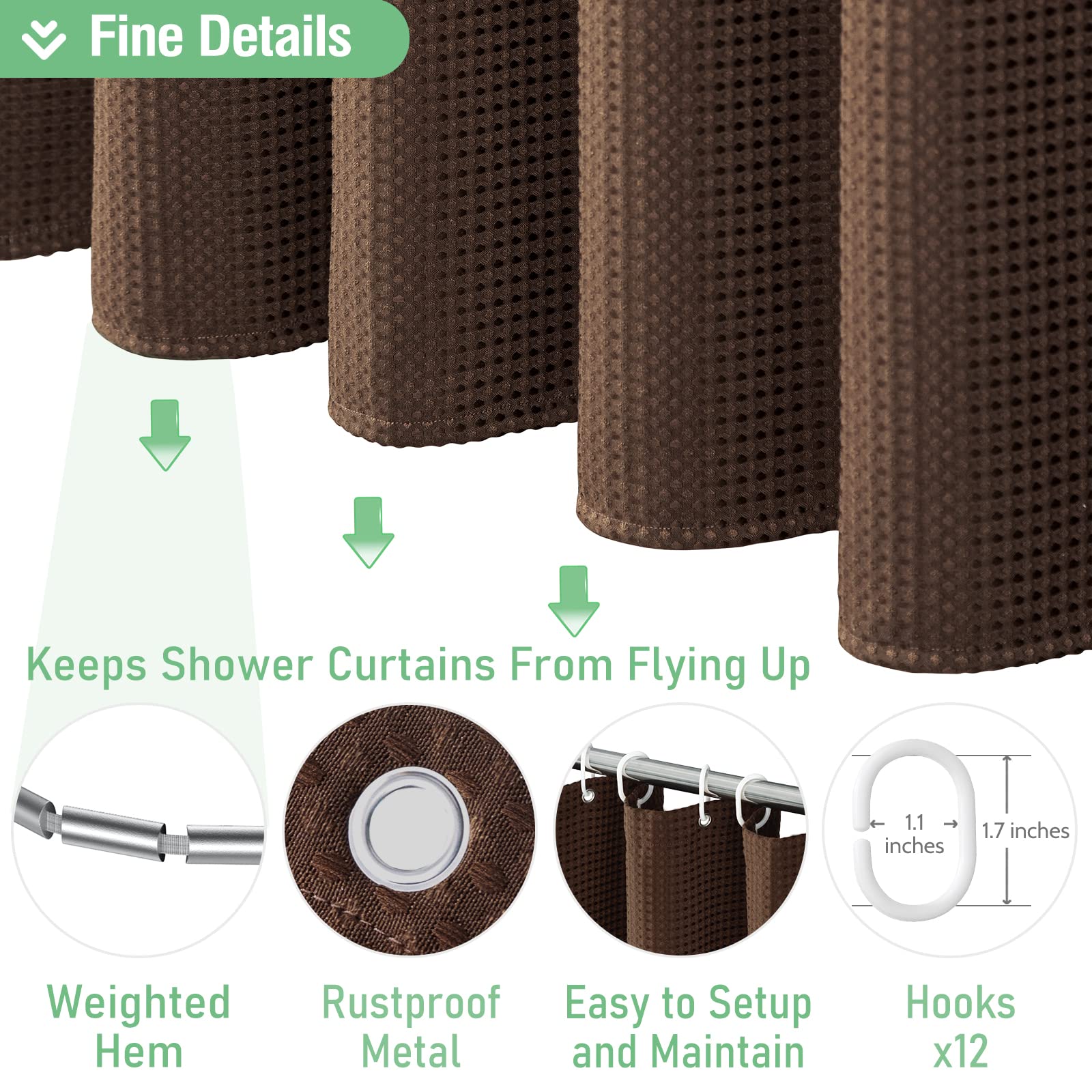 Dynamene Brown Fabric Shower Curtain - Waffle Weave Textured Heavy Duty Cloth  256GSM Hotel Luxury Weighted Bath Curtain Set with 12 Plastic Hooks  for Bathroom  72x72  Brown