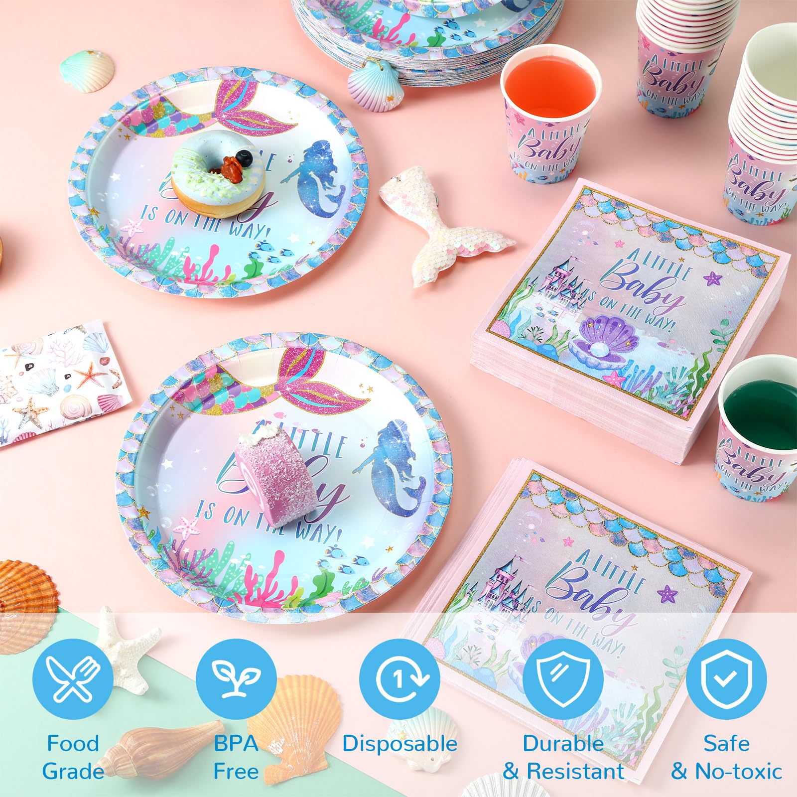200 Pcs Mermaid Baby Shower Paper Plates Napkins Cups Under The Sea Baby Shower Party Supplies Tableware Set Purple Green Dispos
