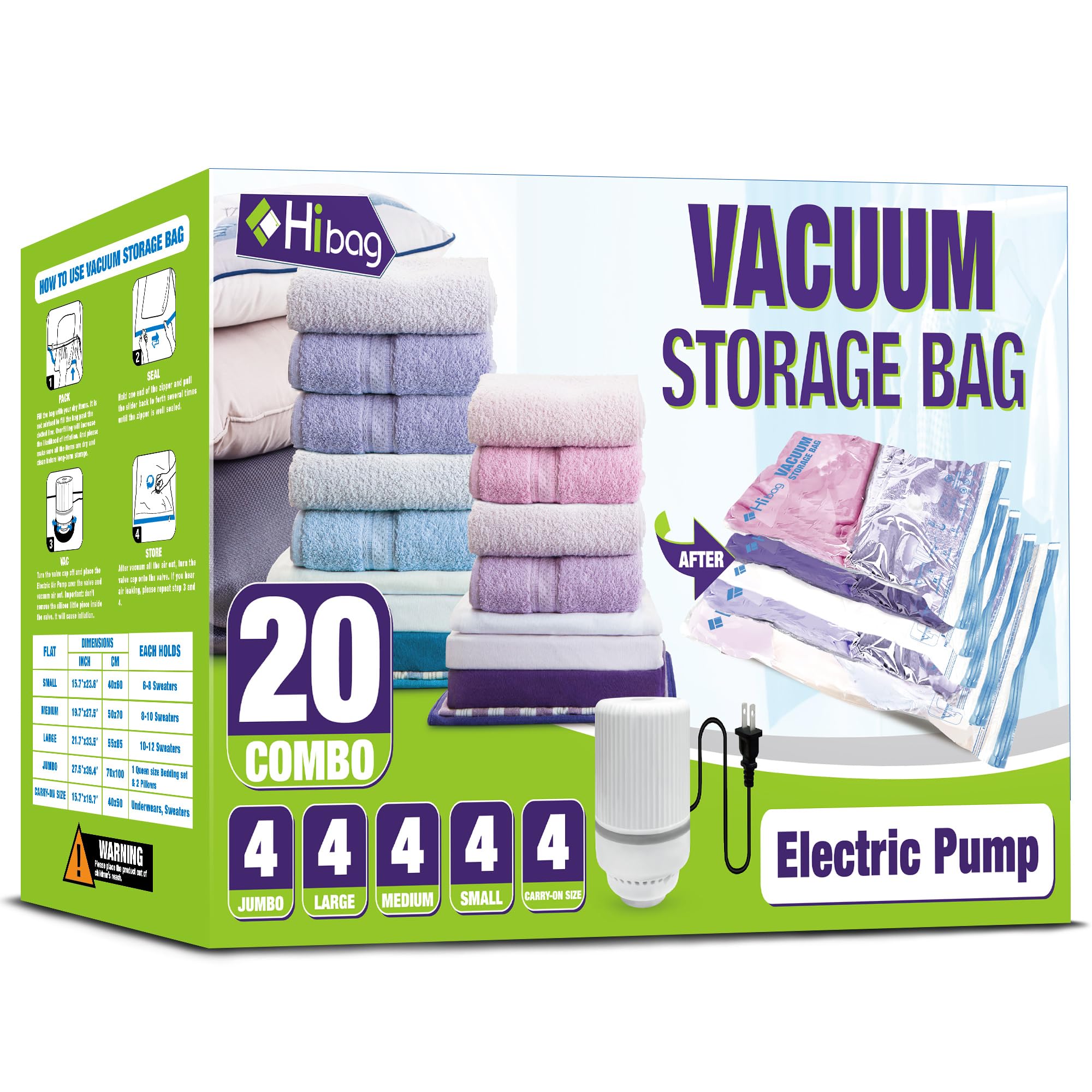 Hibag Vacuum Storage Bags With Electric Pump, Vacuum Seal Space Saver Bags For Clothes, Clothing, Pillows, Blanket Bedding Comfo