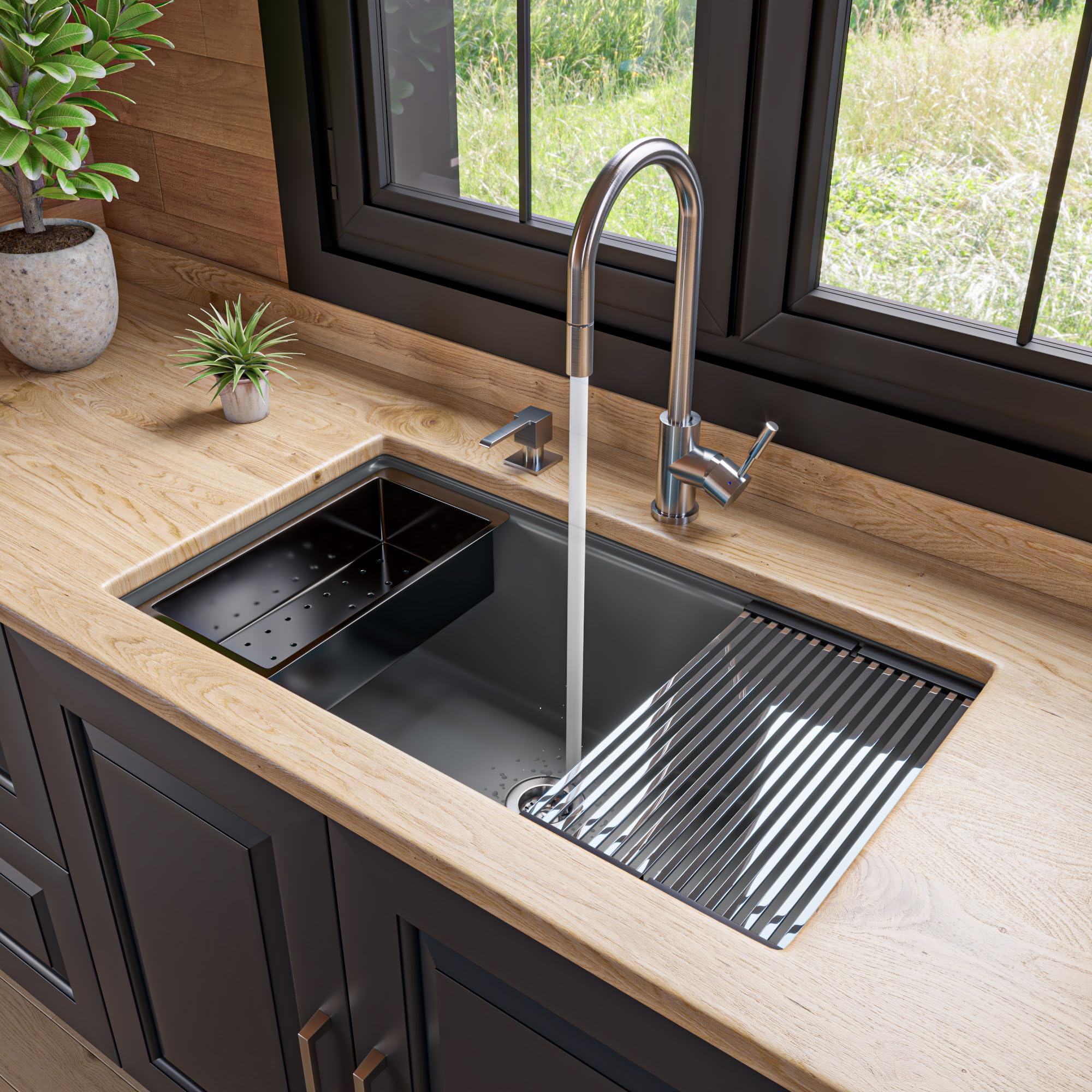 Alfi Brand Ab3418Sbum-T Titanium 33'' Granite Composite Workstation Step Rim Single Bowl Undermount Sink With Accessories