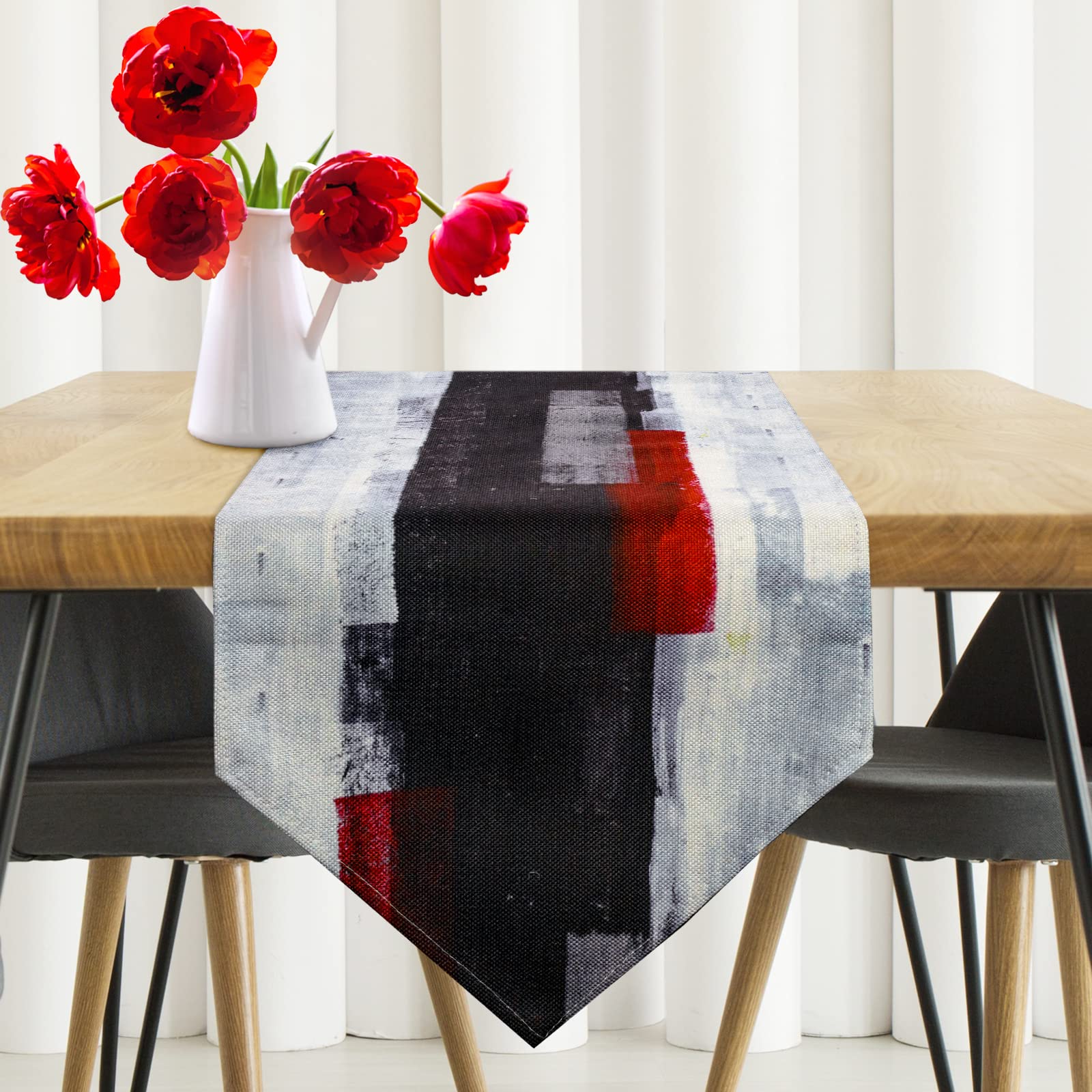Modern Burlap Table Runner,Abstract Red And Black Art Table Runners For Table Dresser Runner Farmhouse Style For Dinner Party Ho