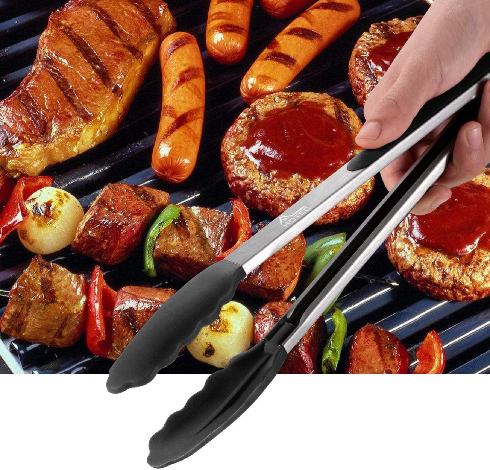 HOTEC Premium Stainless Steel Locking Kitchen Tongs with Silicon Tips  Set of 2-9'' and 12''
