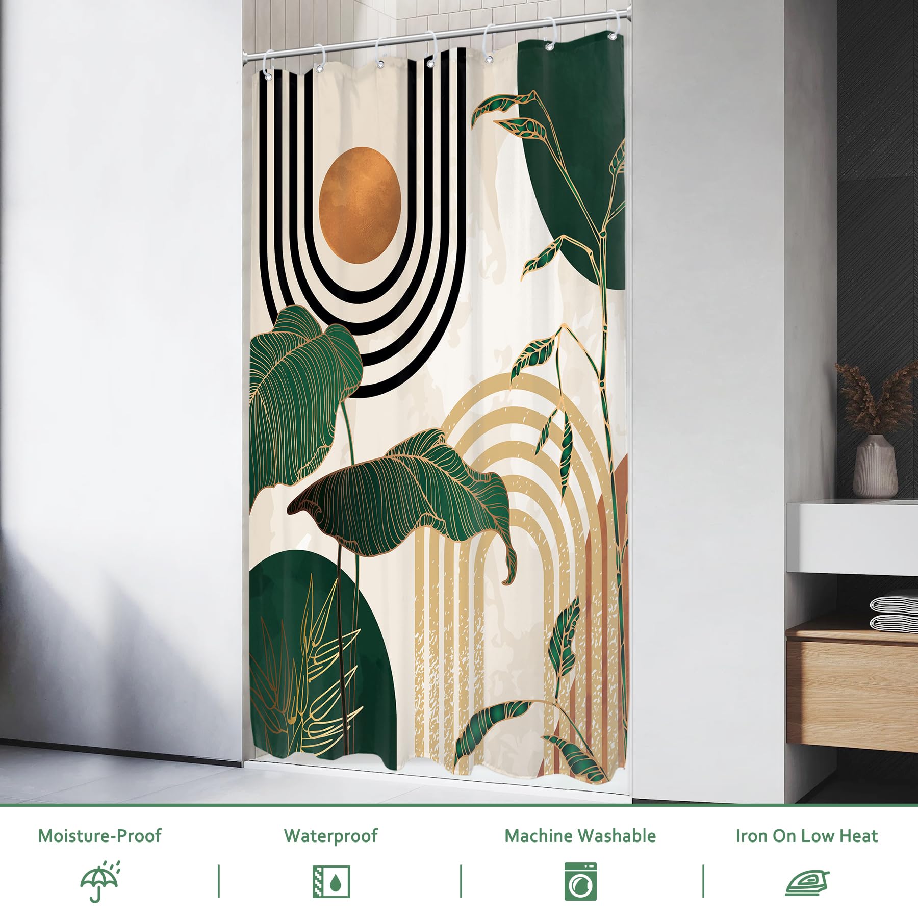Glawry Small Stall Green Boho Mid Century Shower Curtain Abstract Retro Tropical Palm Tree Plant Sun Arch Minimalist Bathroom Mo
