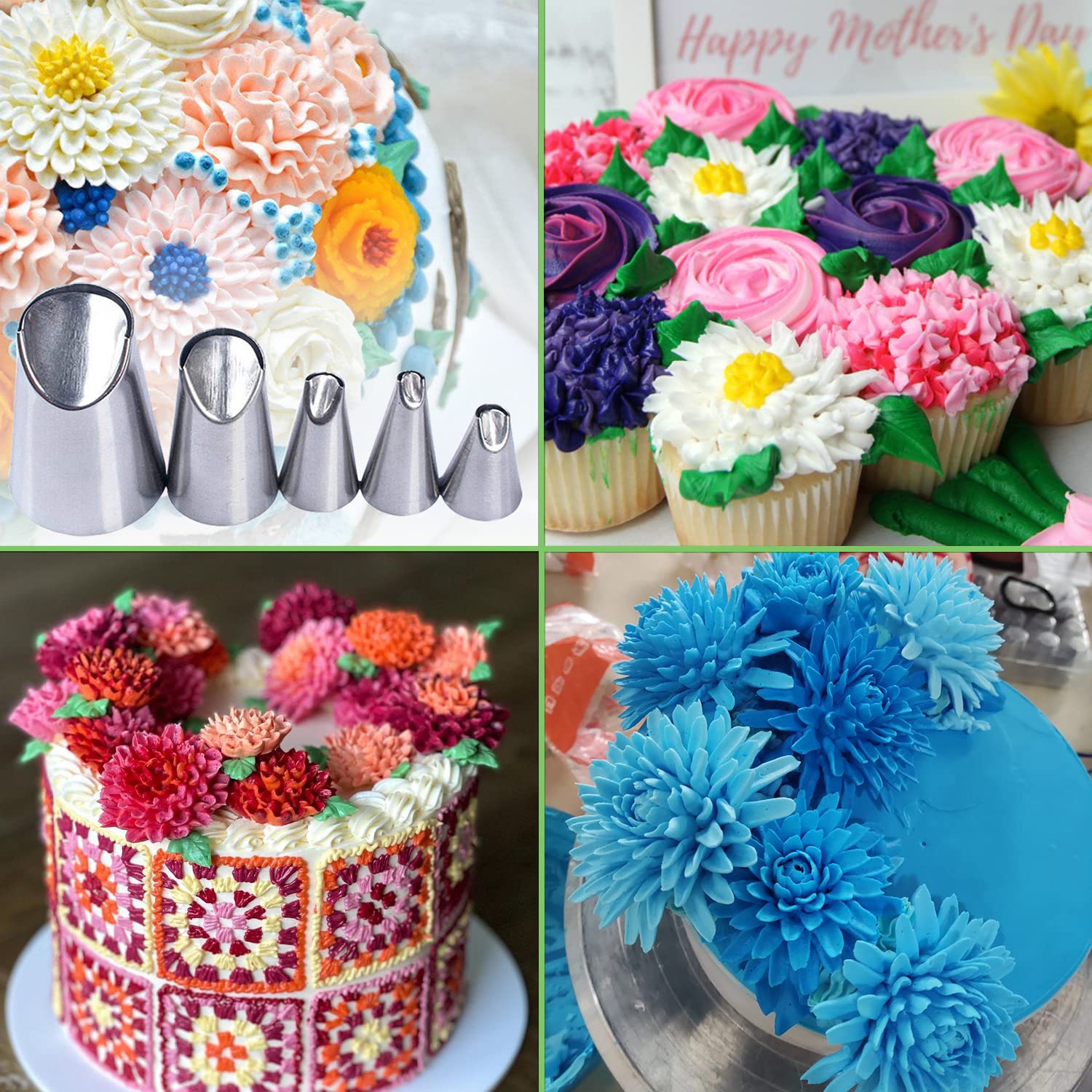 Suuker 5Pcs Rose Flower Piping Tips Set,Stainless Steel Chrysanthemum Crinkle Cream Laminating Nozzles, Cupcake Pastry Tool For