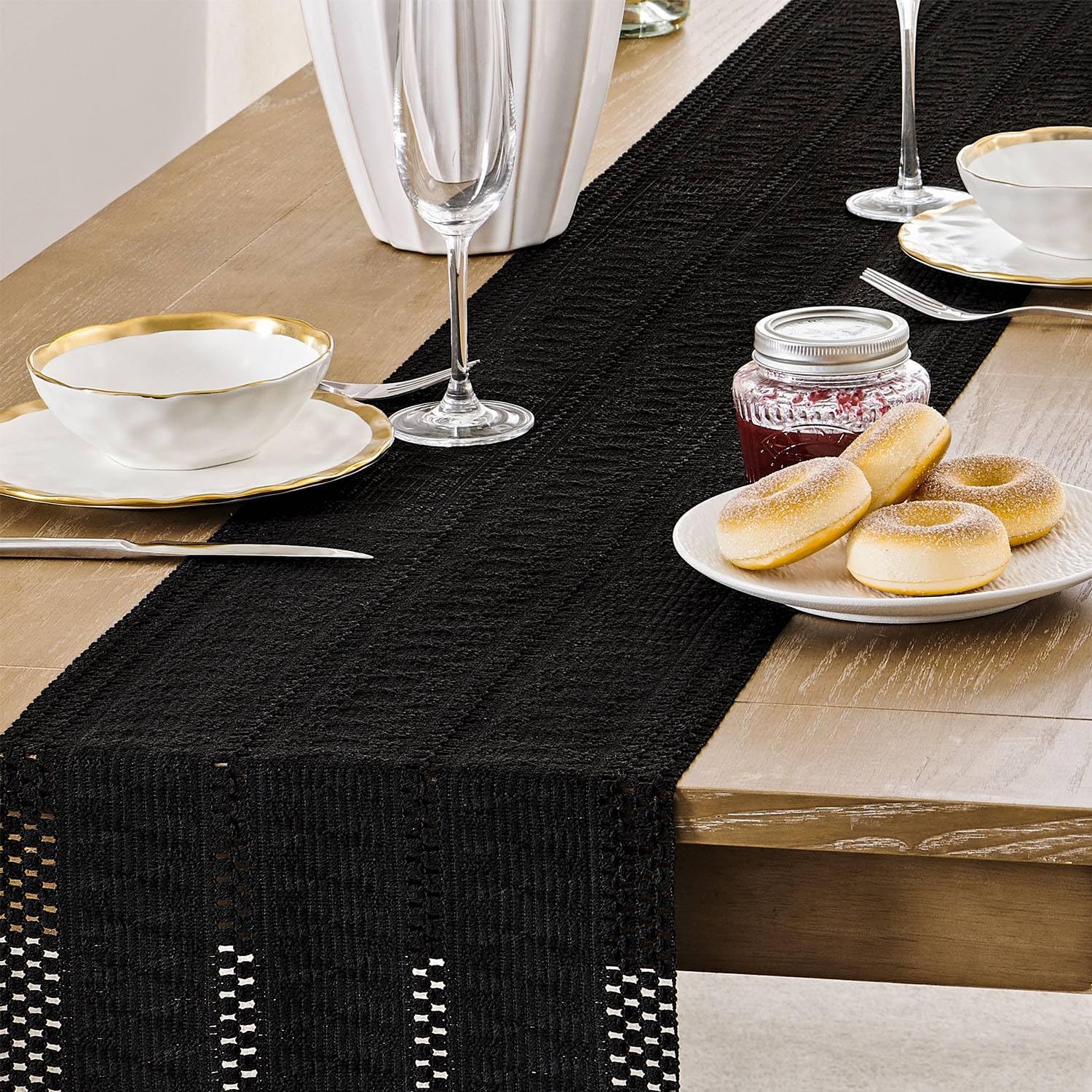 Zeemart Macrame Style Boho Table Runner, Black Table Runners 90 Inches Long, Farmhouse Woven Home Decor, 12X90 Inch, Black