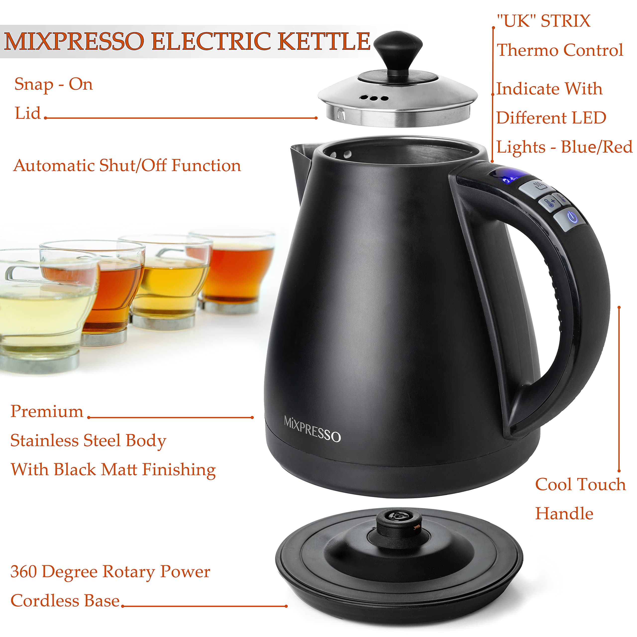 Mixpresso Electric Kettle Temperature Control, Hot Water Kettle Electric, Cordless 1 Liter Capacity, Keep Warm & Led Indicator,