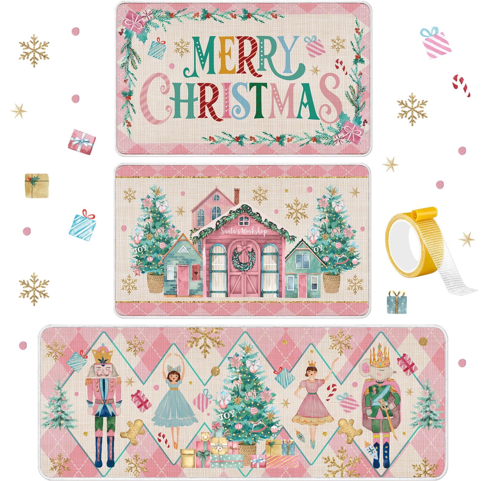 Drydiet 3 Pcs Pastel Pink Nutcracker Christmas Kitchen Rug and Mat Anti Fatigue Nutcracker Floor Mats Non Slip Washable Farmhous