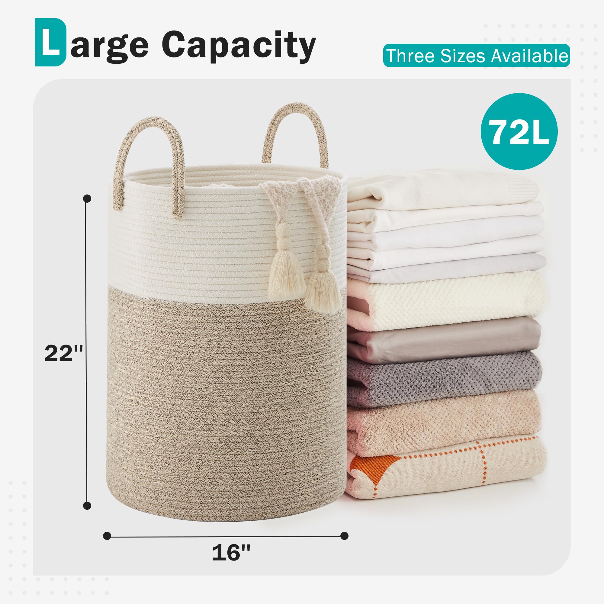 Cotton Rope Laundry Basket By Youdenova, 72L Woven Collapsible Laundry Hamper, Clothes Hamper With Reinforced Handles In The Lau