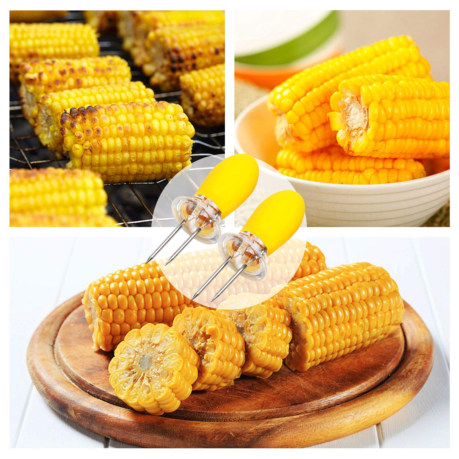 10Pcs/5 Pairs Yellow Corn Cob Holders Stainless Steel Fork Skewers for Corn On The Cob BBQ Tools