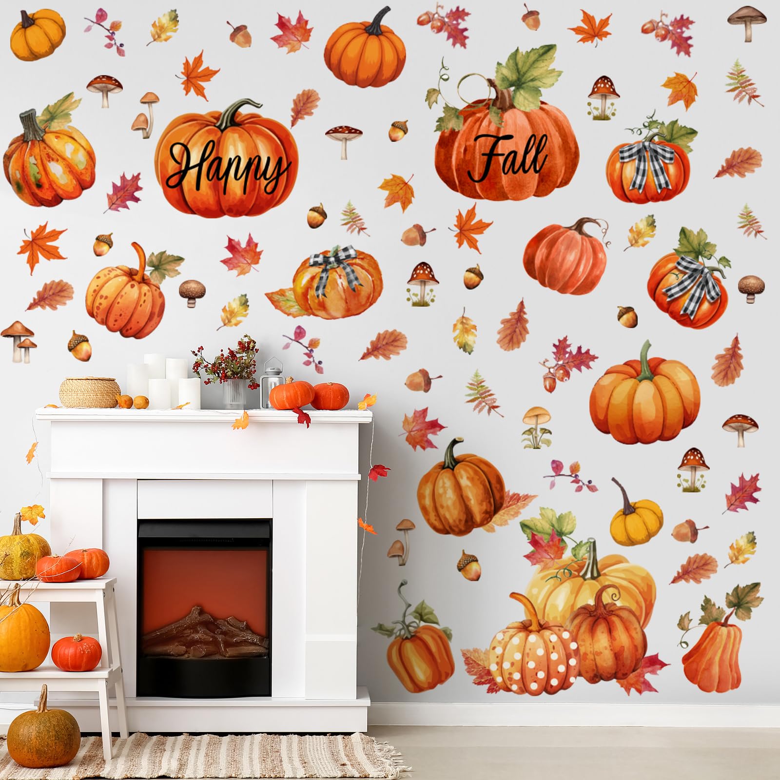 Eersida 6 Sheets 89 Pcs Thanksgiving Wall Decals Fall Oil Painting Pumpkin Wall Decals Maple Leaves Stickers for Thanksgiving Gl