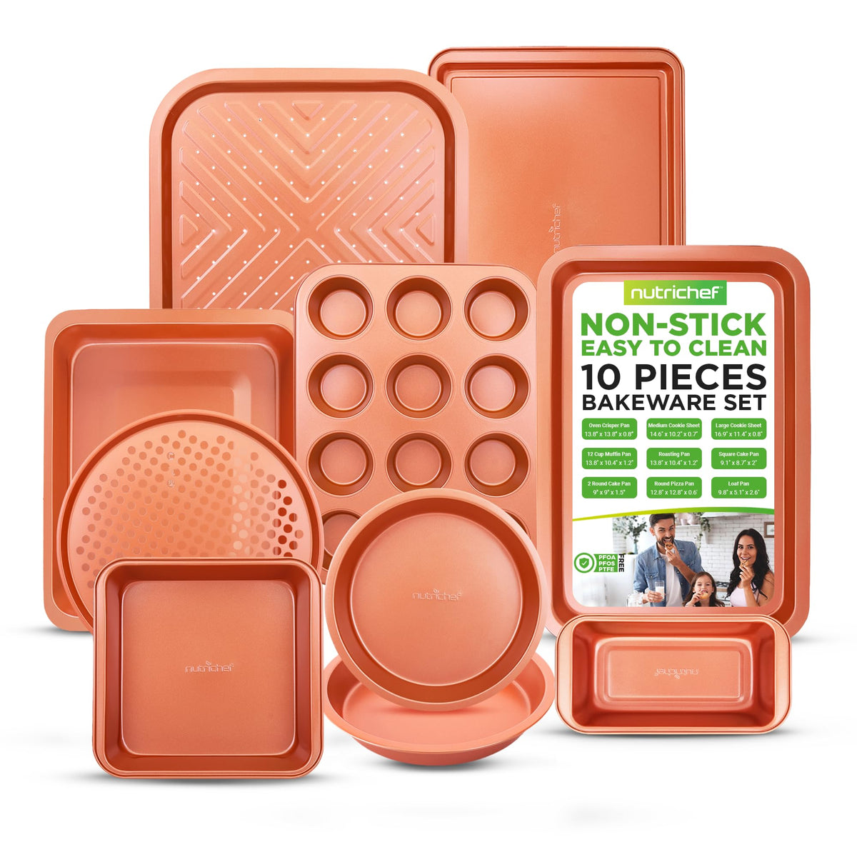 Nutrichef 10-Piece Nonstick Oven Baking Pan Set - Premium Carbon Steel Bakeware W/Cookie Sheets, Loaf & Cupcake Pans, Perforated