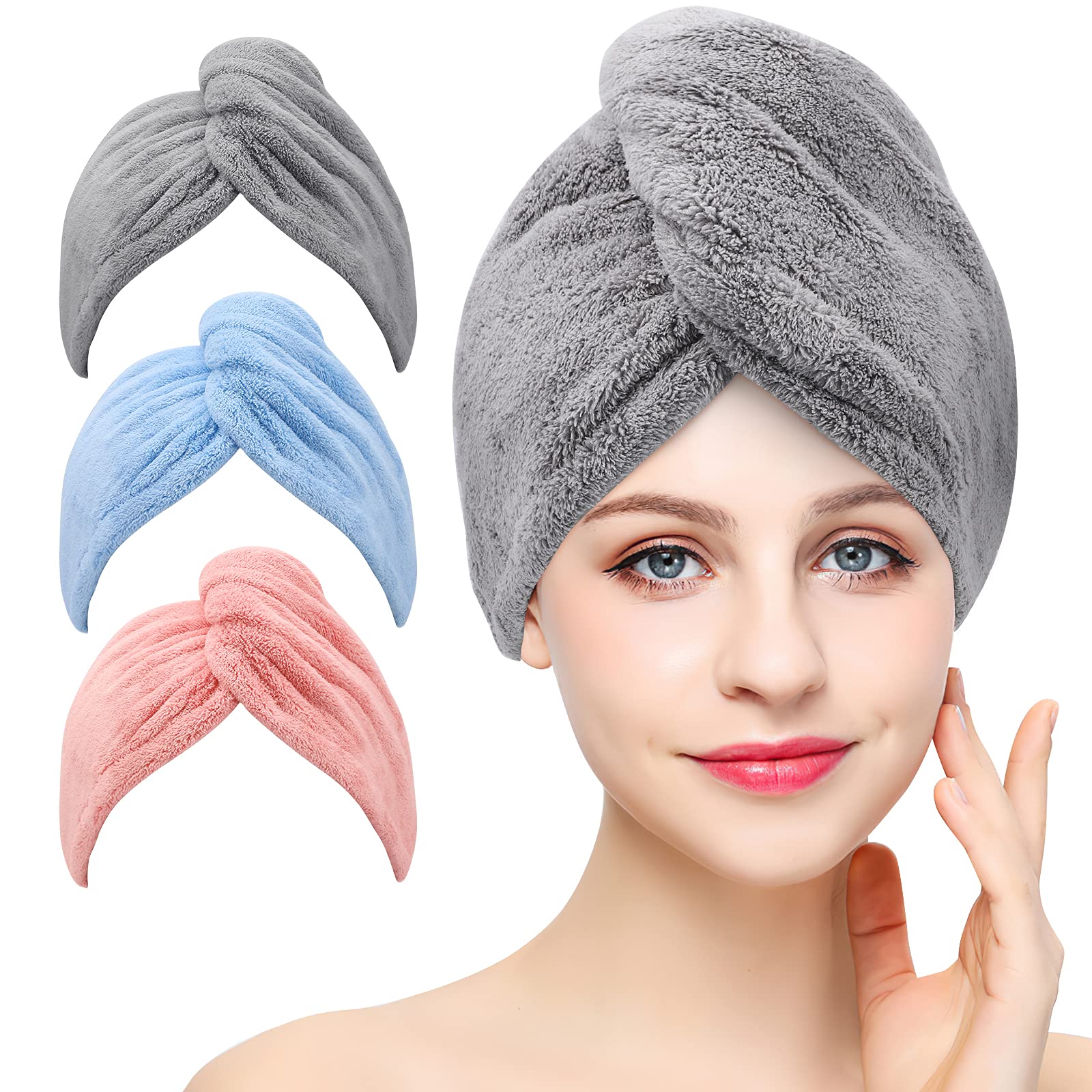 BEoffer 3 Pack Microfiber Hair Towel Wrap Super Absorbent Twist Turban for Women Fast Drying Hair Caps with Buttons for Drying C