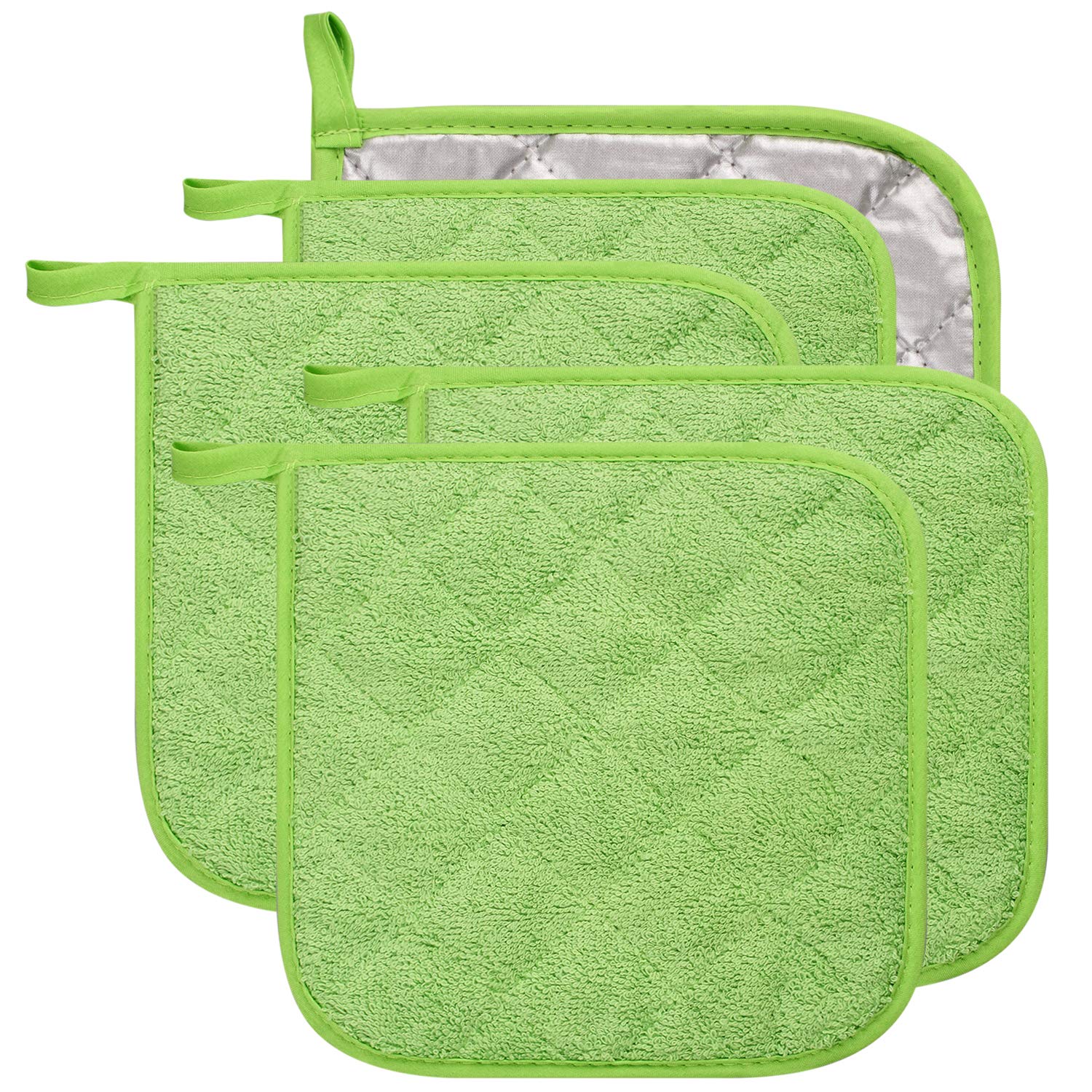 100% Cotton Kitchen Everyday Basic Terry Pot Holder Heat Resistant Coaster Potholder for Cooking and Baking Set of 5 Apple Green