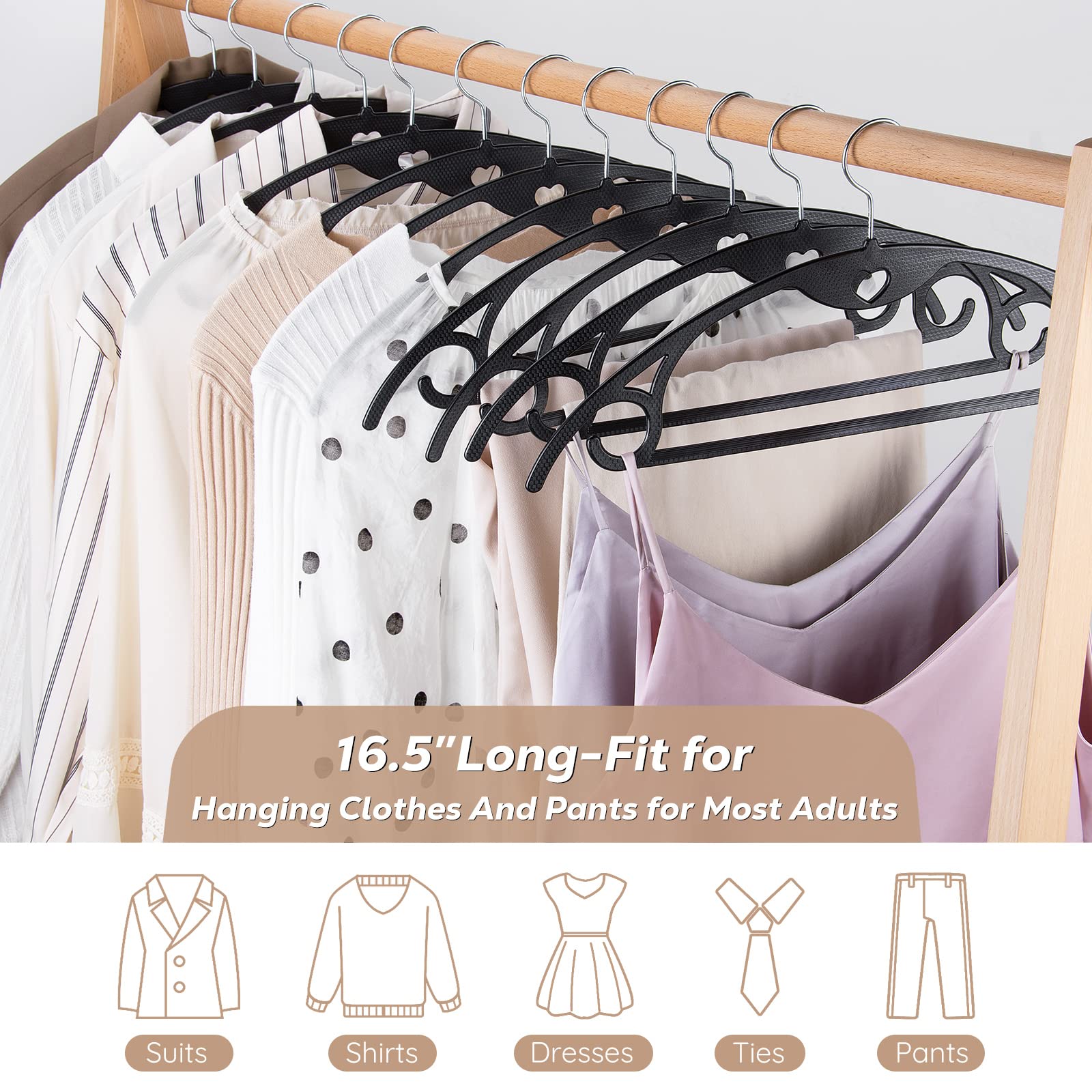 Plastic Hangers 50 Pack, Taranch Black Clothes Hanger With 360 Degree Swivel, Heavy Duty Coat Hangers Non Slip, Space Saving Clo
