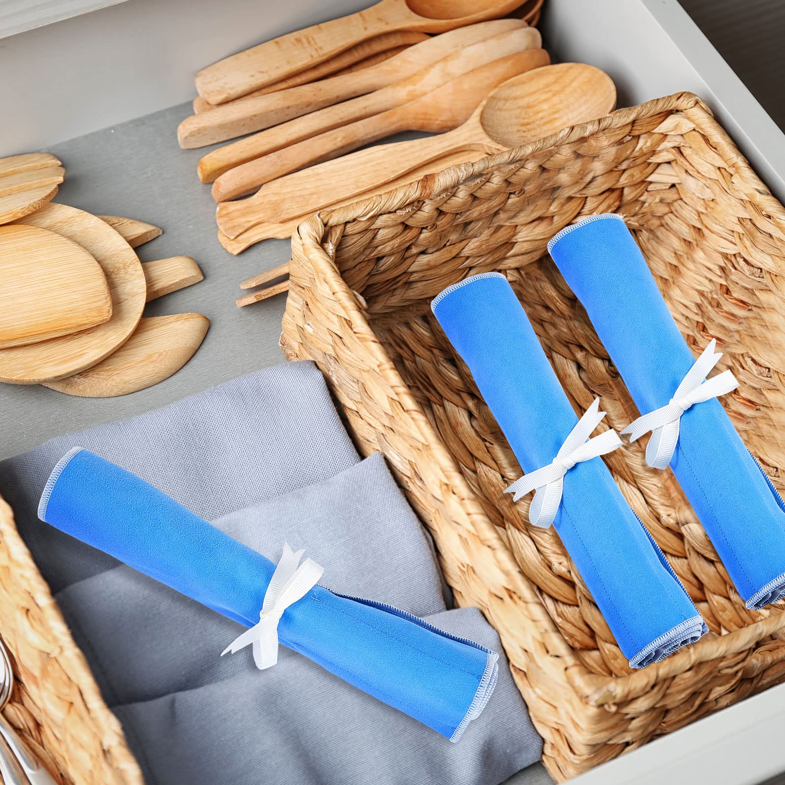 Silver Storage Bags Silver Storage Cloth Anti Tarnish Silver Protector Bags Blue Holder for Silverware Flatware Storage Organizer Place Setting Roll with White Ribbon for Kitchen Utensils (4 Pieces)
