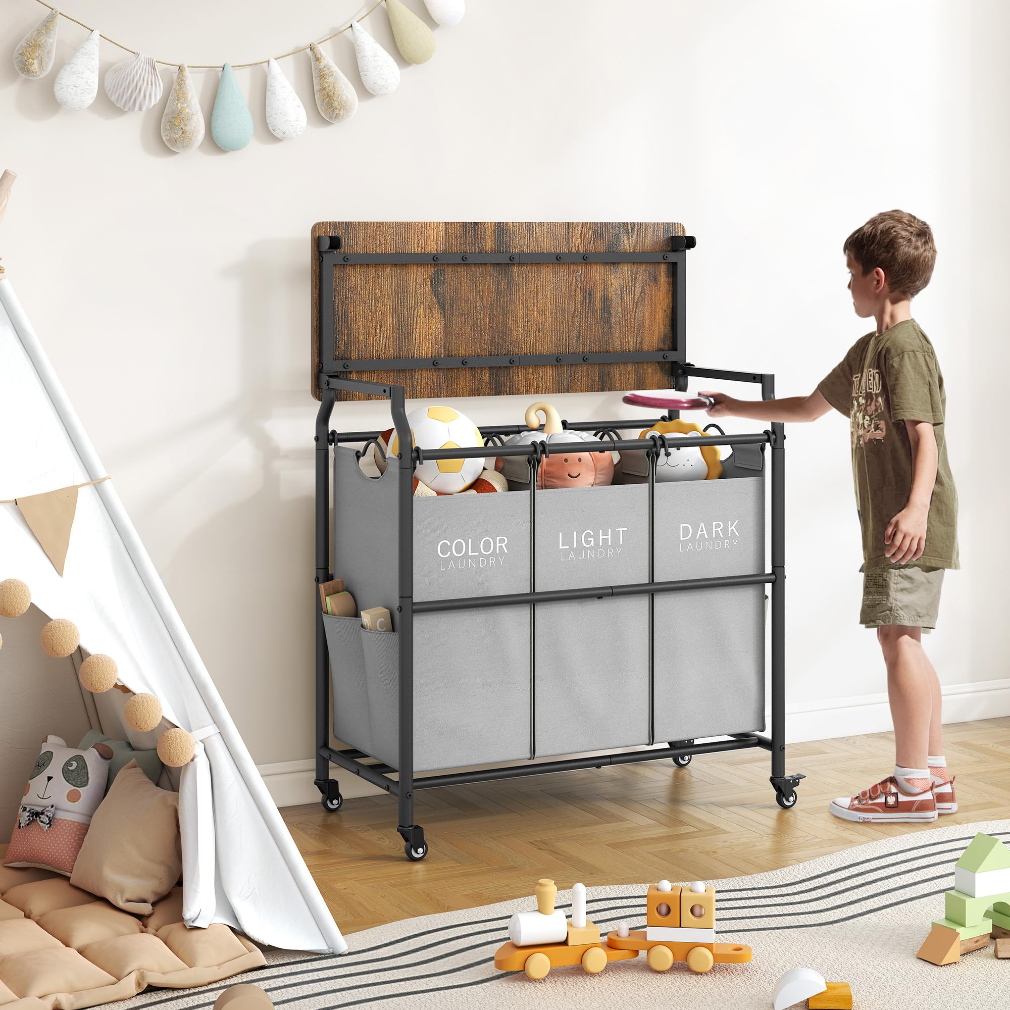Hoctieon 3 Section Laundry Sorter Cart With Ironing Board, Laundry Hamper With Shelf And Rolling Wheels, Heavy Duty Laundry Bask