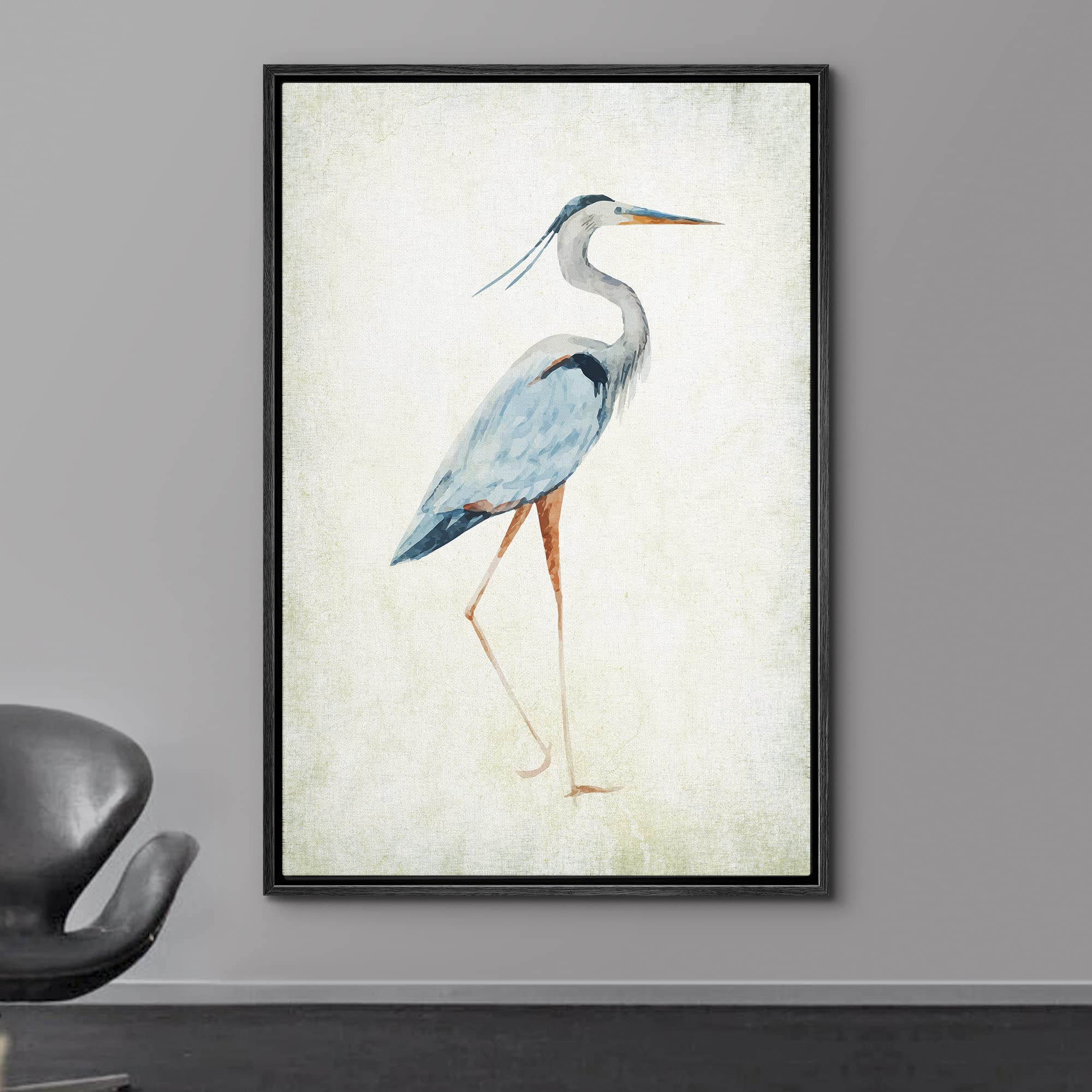 Wall26 - Framed Canvas Wall Art - Heron Bird - Wild Animal - Gallery Wrap Modern Home Art | Ready To Hang - 16''X24'' Black