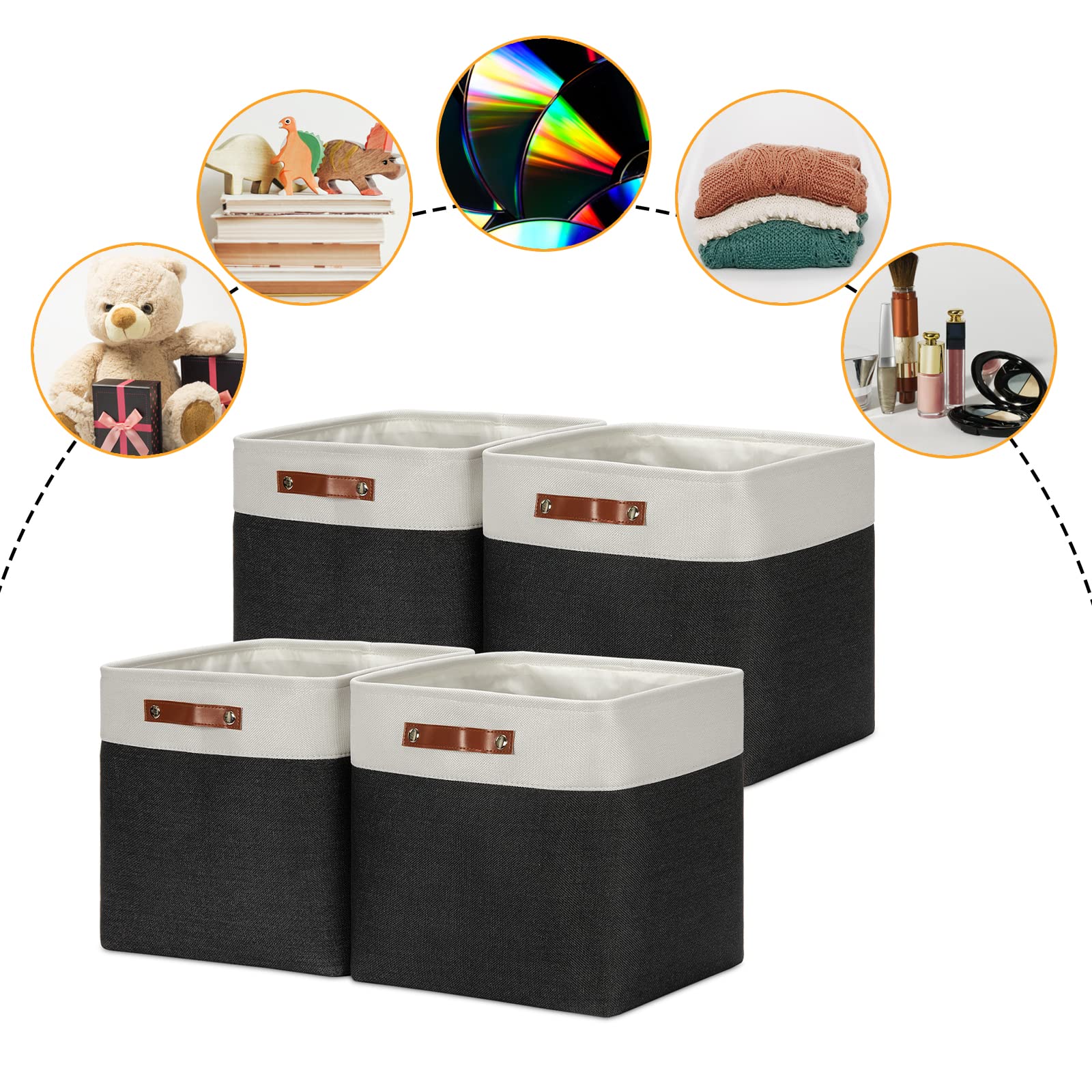 DULLEMELO Storage Baskets  13 Inch Cube Storage Bins for Shelves Closet Nursery Toy Storage  Foldable Linen Closet Organizers Storage Baskets for Toy Closet Storage(4 Pack - 13 '' White&Black